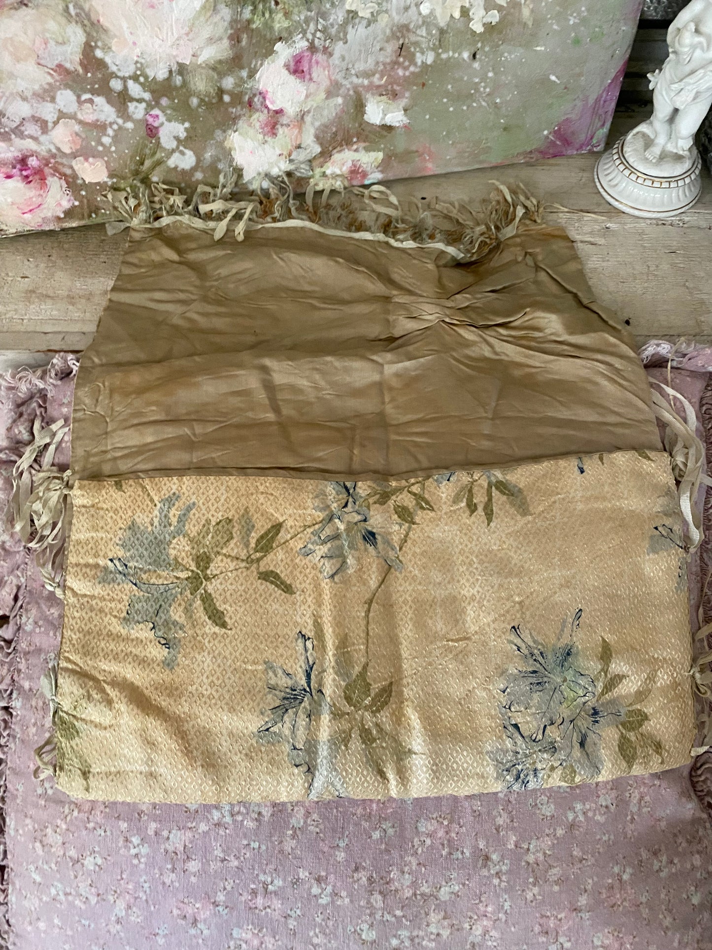 Antique Silk Blue Floral Ribbonwork Lingerie Holder