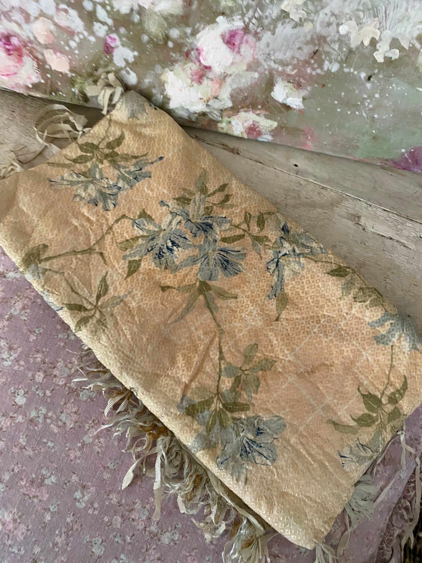Antique Silk Blue Floral Ribbonwork Lingerie Holder