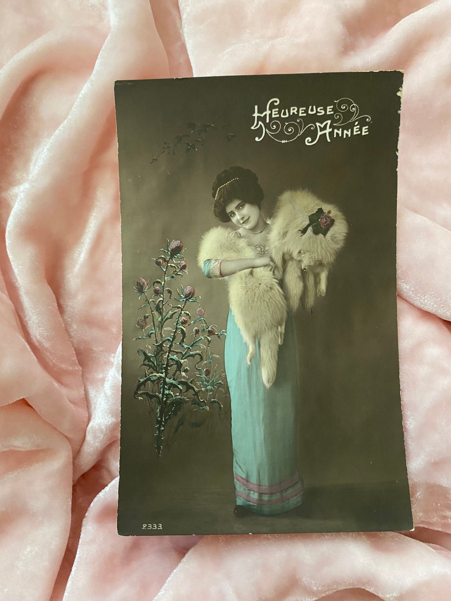 Antique French Postcard Woman Blue Dress Arctic Fox