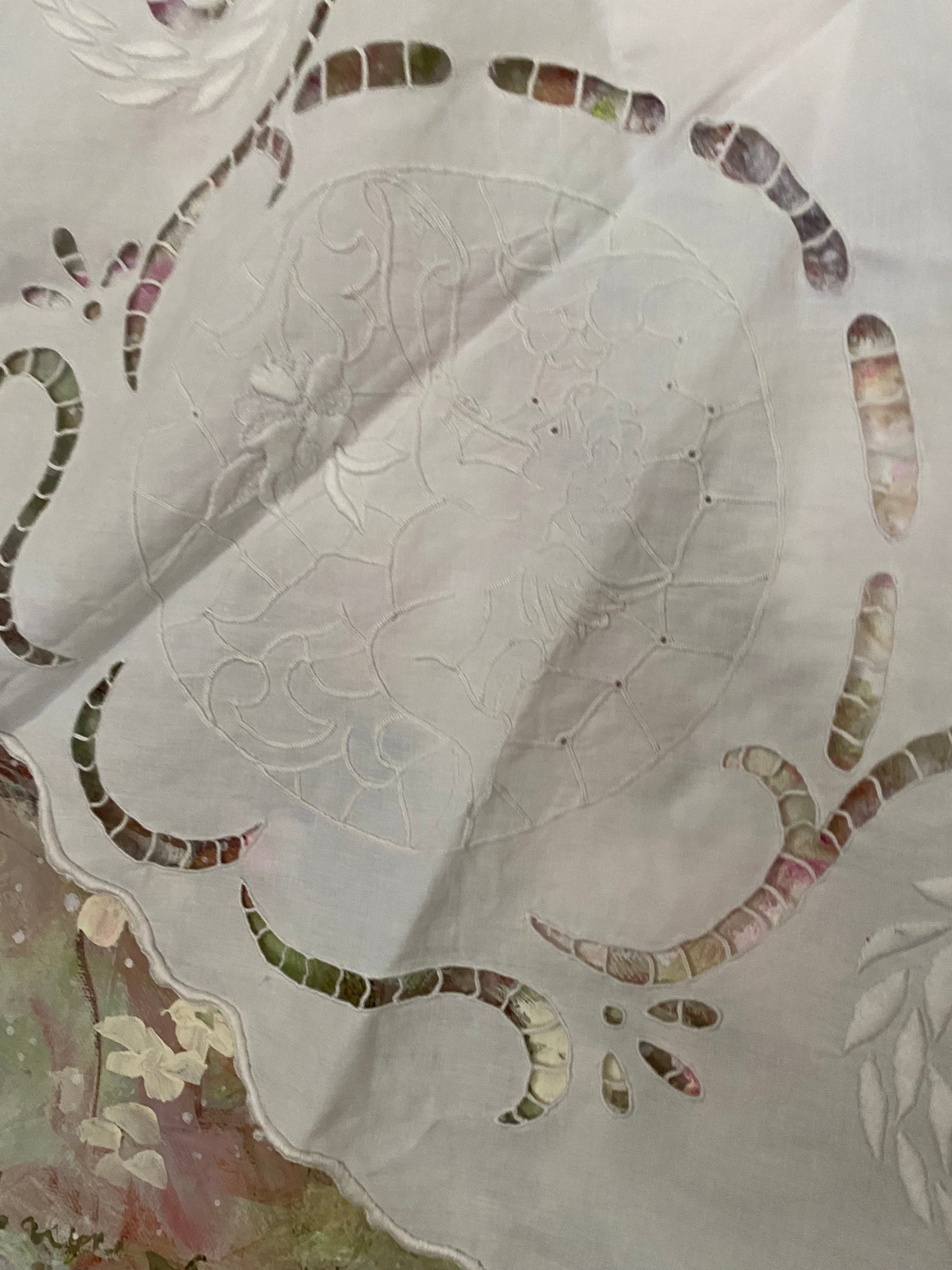 Antique Linen Lace Cherub Flower Basket Bows Tablecloth