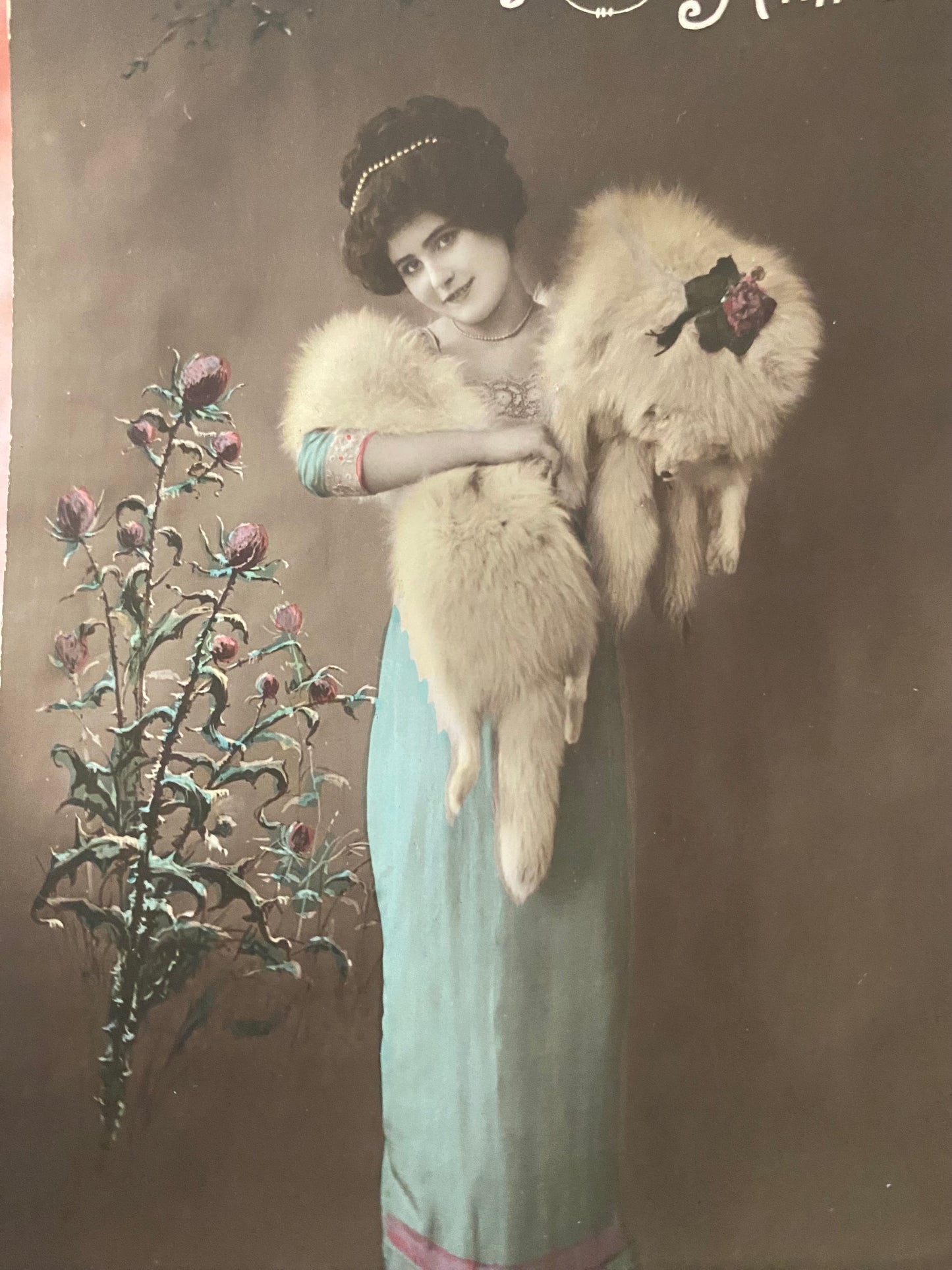 Antique French Postcard Woman Blue Dress Arctic Fox