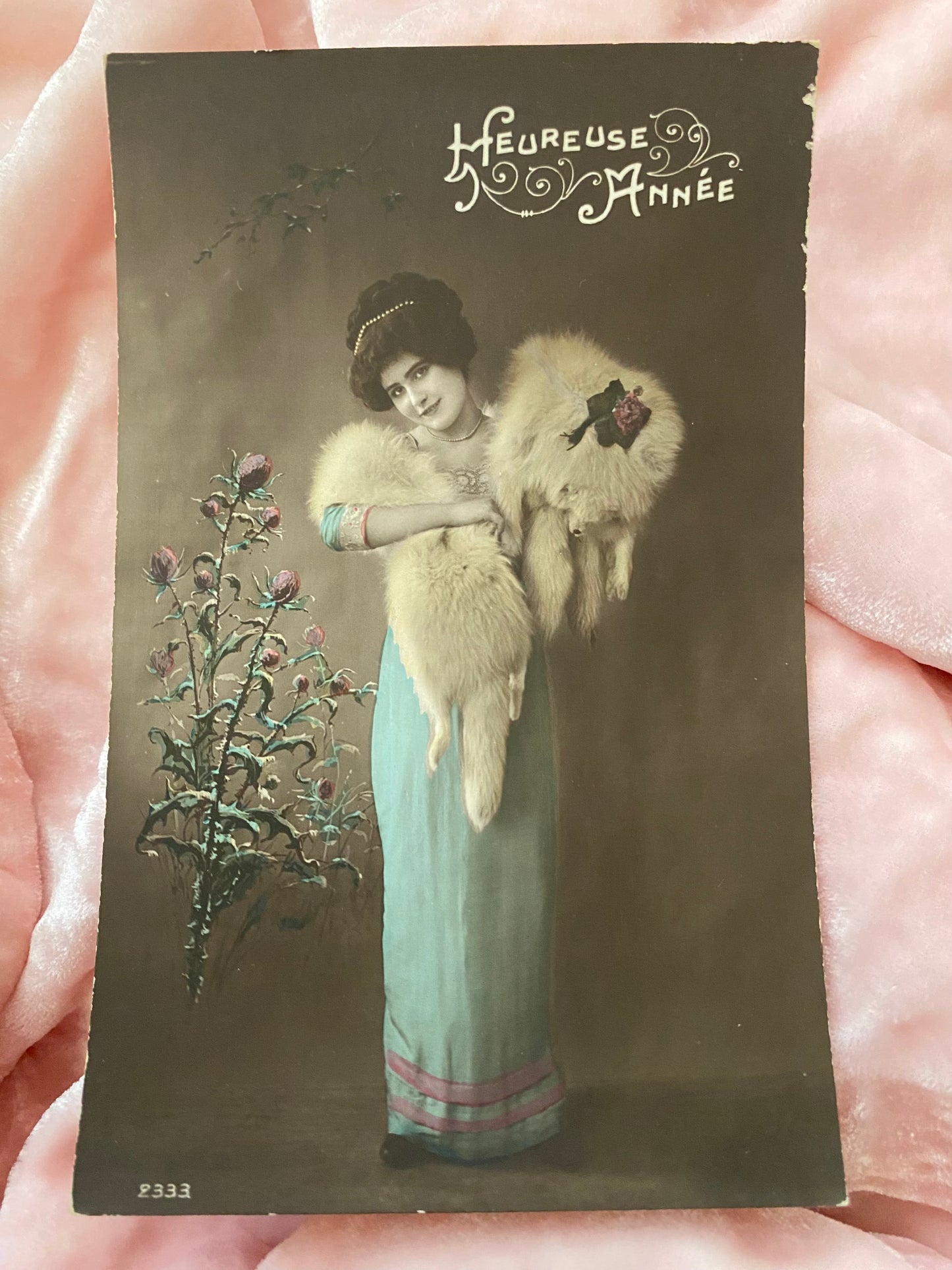 Antique French Postcard Woman Blue Dress Arctic Fox