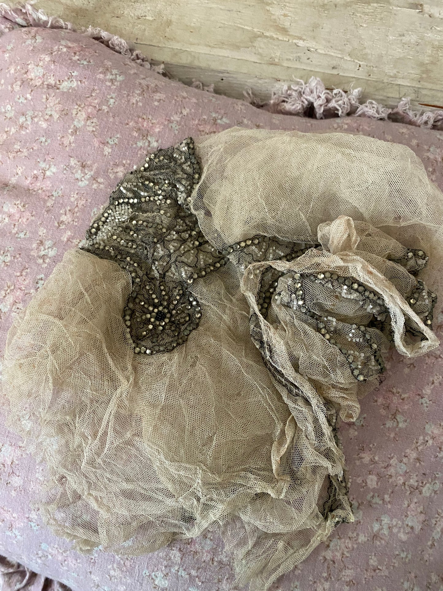 Antique 1920s Net Lace Rhinestone Applique