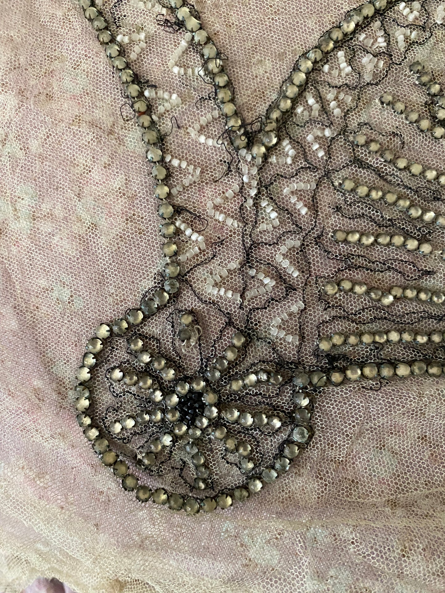 Antique 1920s Net Lace Rhinestone Applique