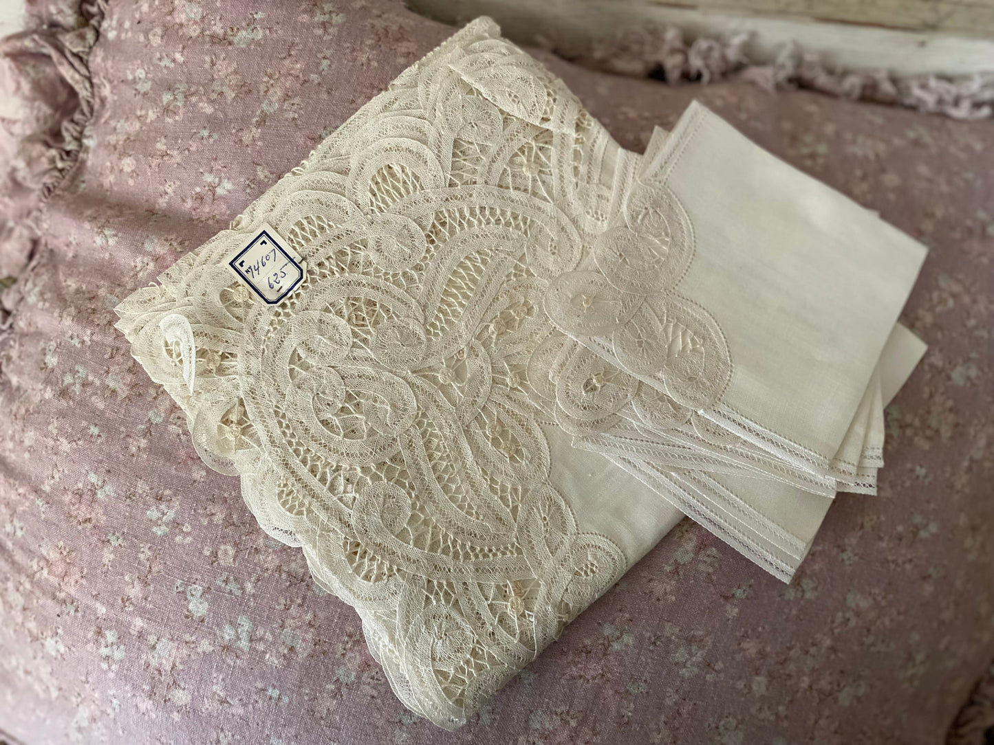 Antique Belgian Lace Tablecloth Napkins
