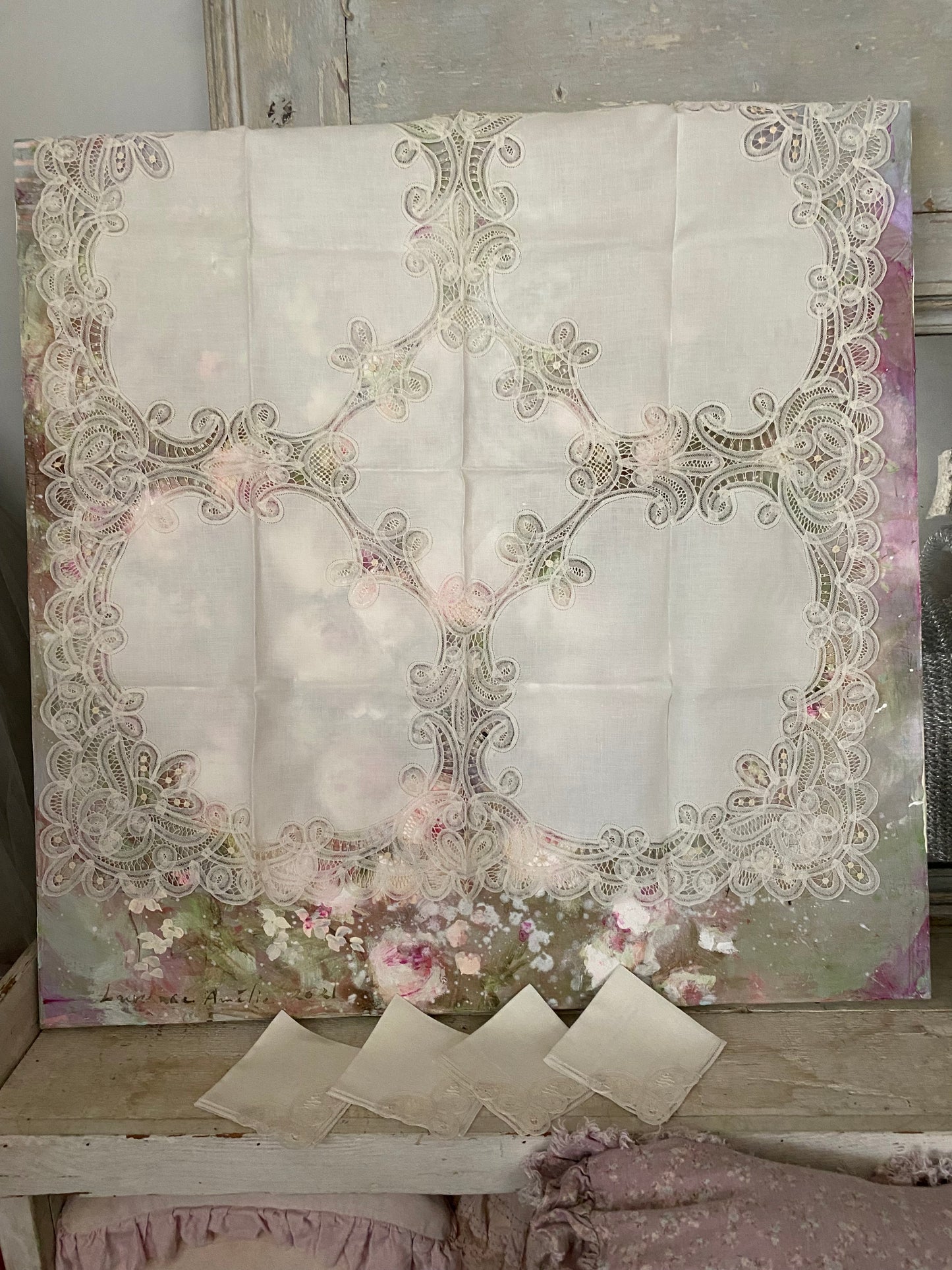 Antique Belgian Lace Tablecloth Napkins