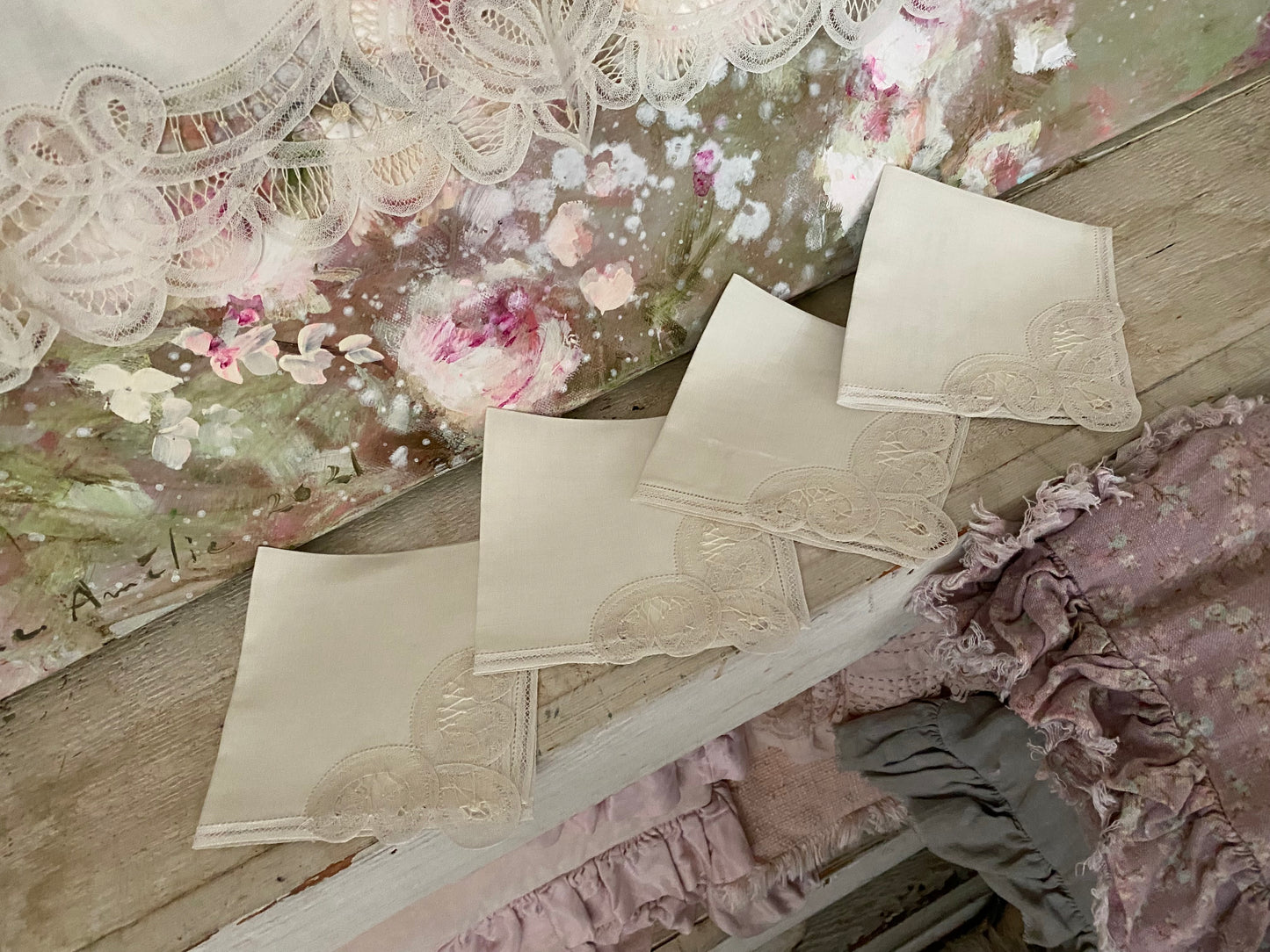 Antique Belgian Lace Tablecloth Napkins
