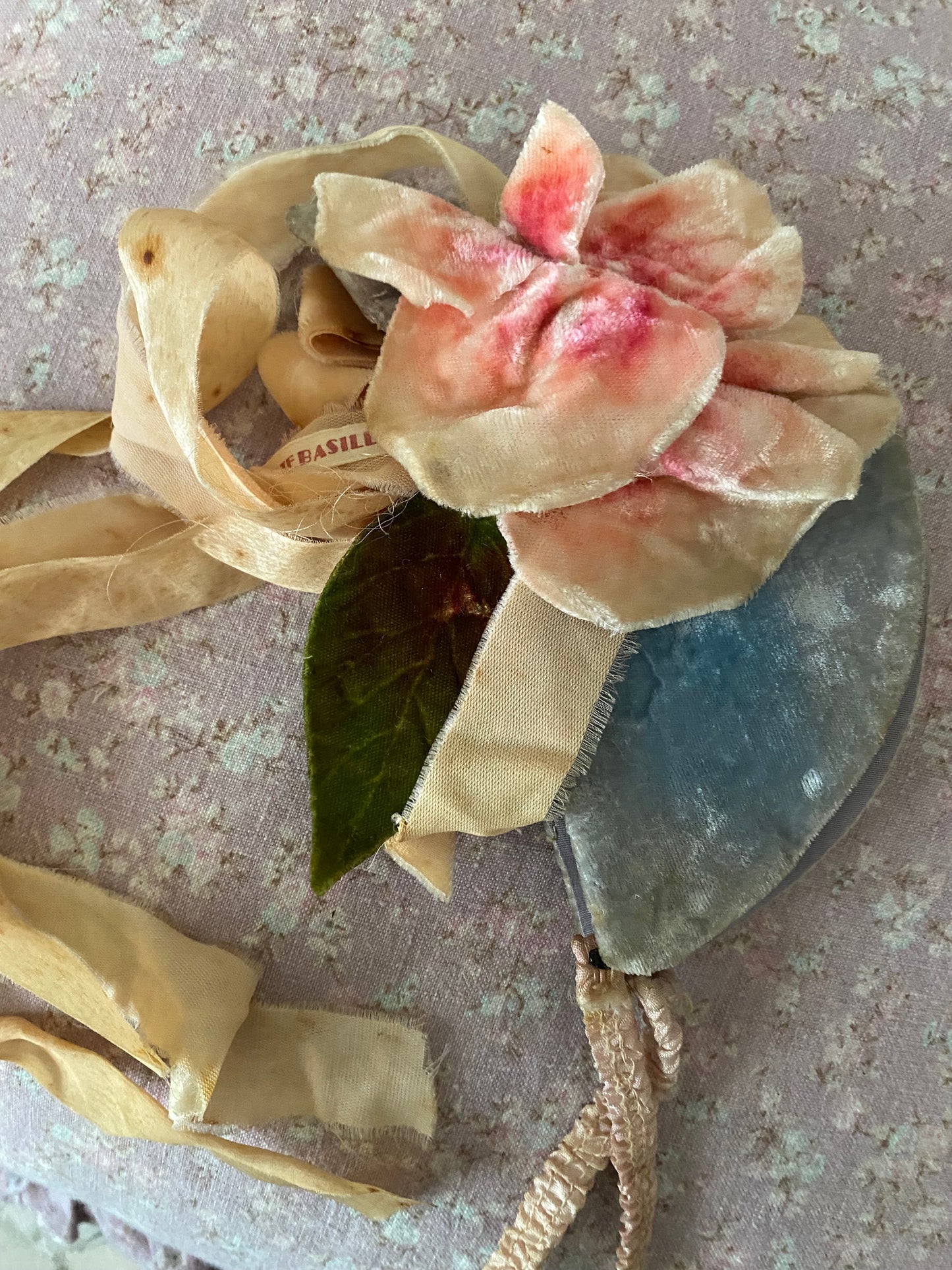 Antique Velvet Pink Millinery Rose Ribbon Costume Headpiece