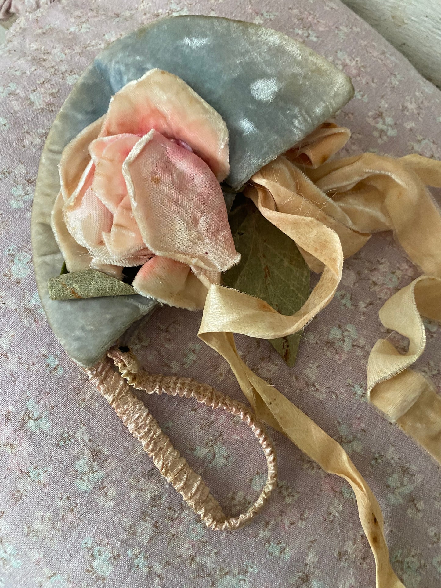 Antique Velvet Pink Millinery Rose Ribbon Costume Headpiece