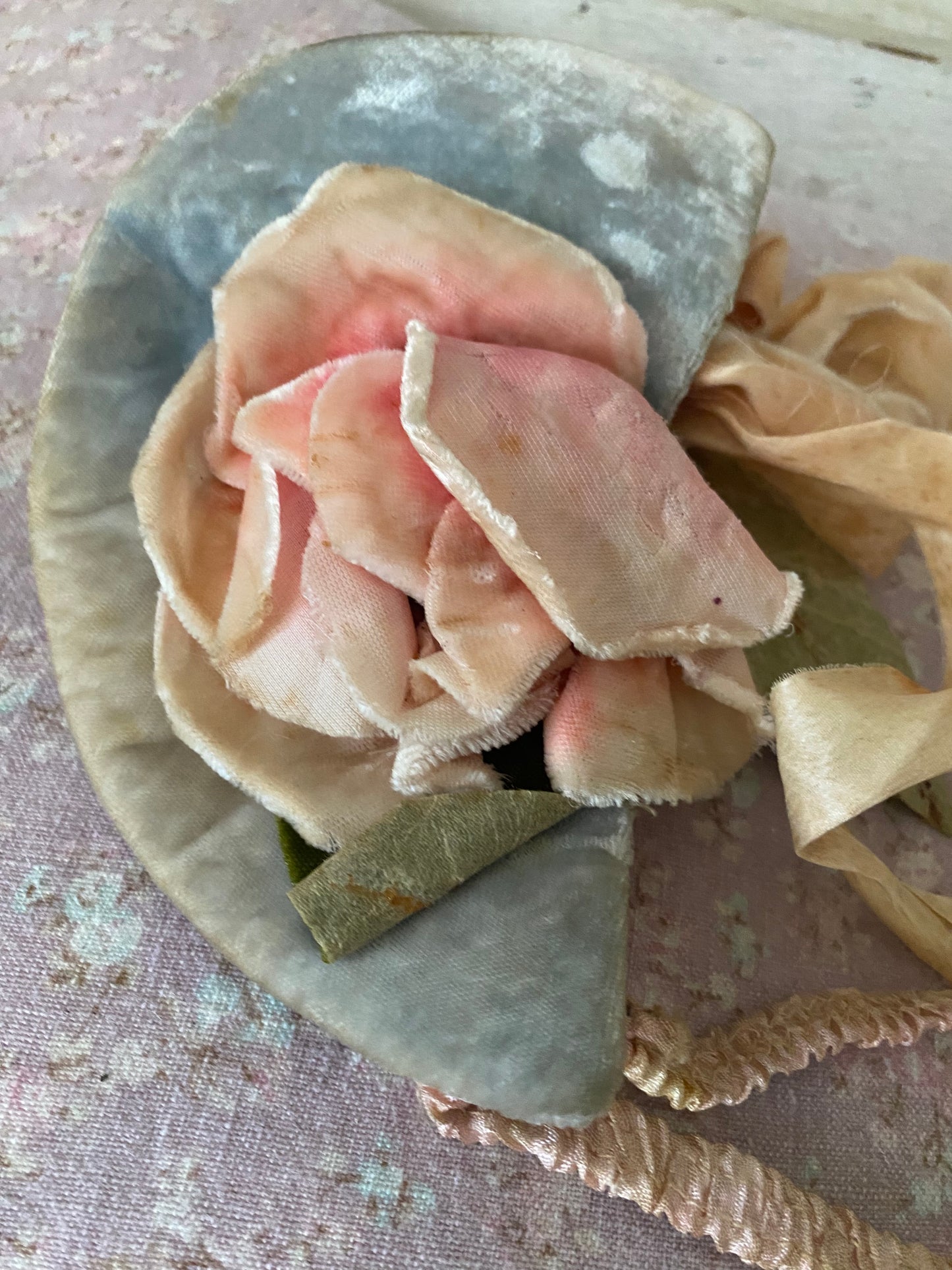 Antique Velvet Pink Millinery Rose Ribbon Costume Headpiece