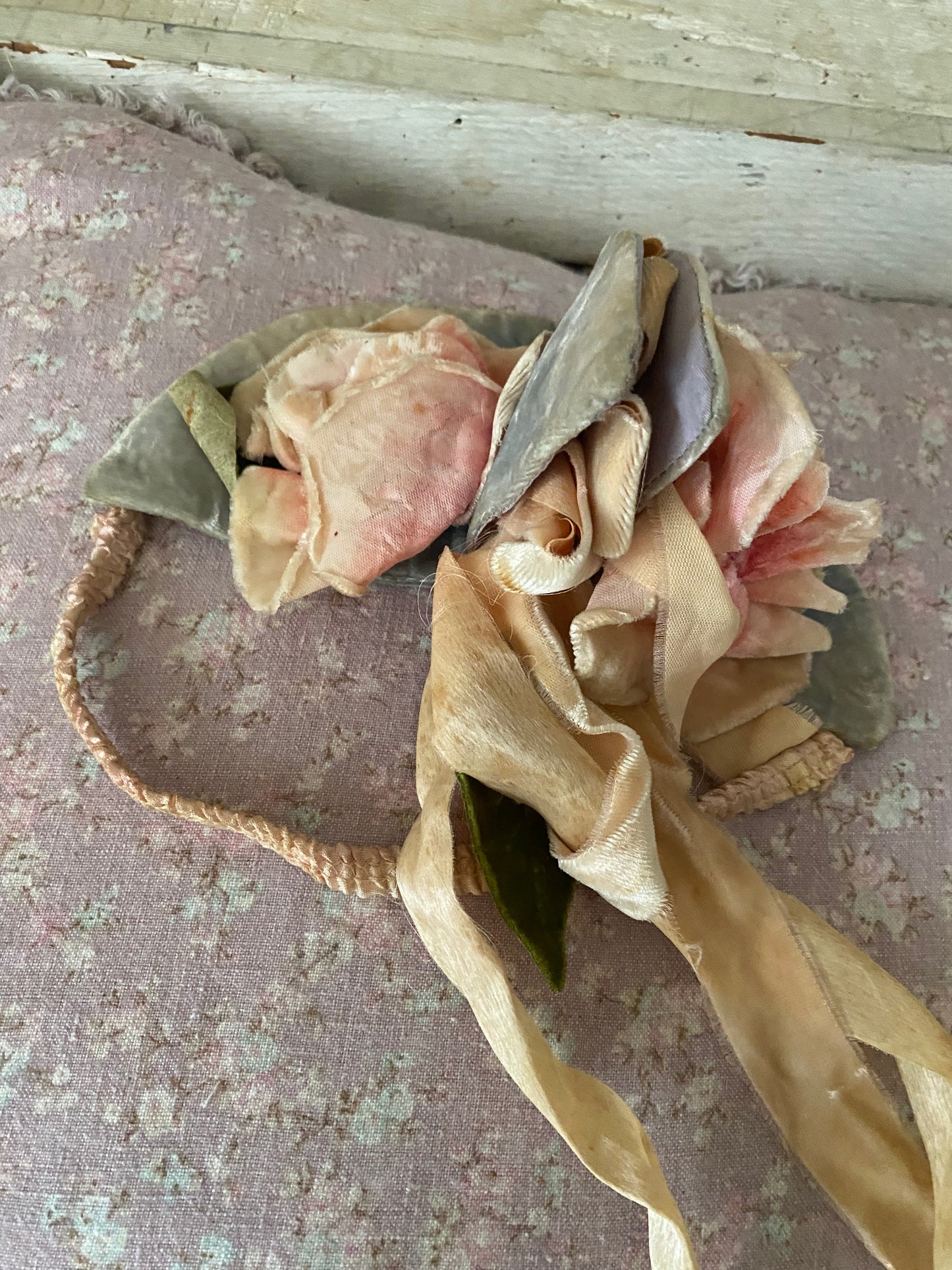 Antique Velvet Pink Millinery Rose Ribbon Costume Headpiece