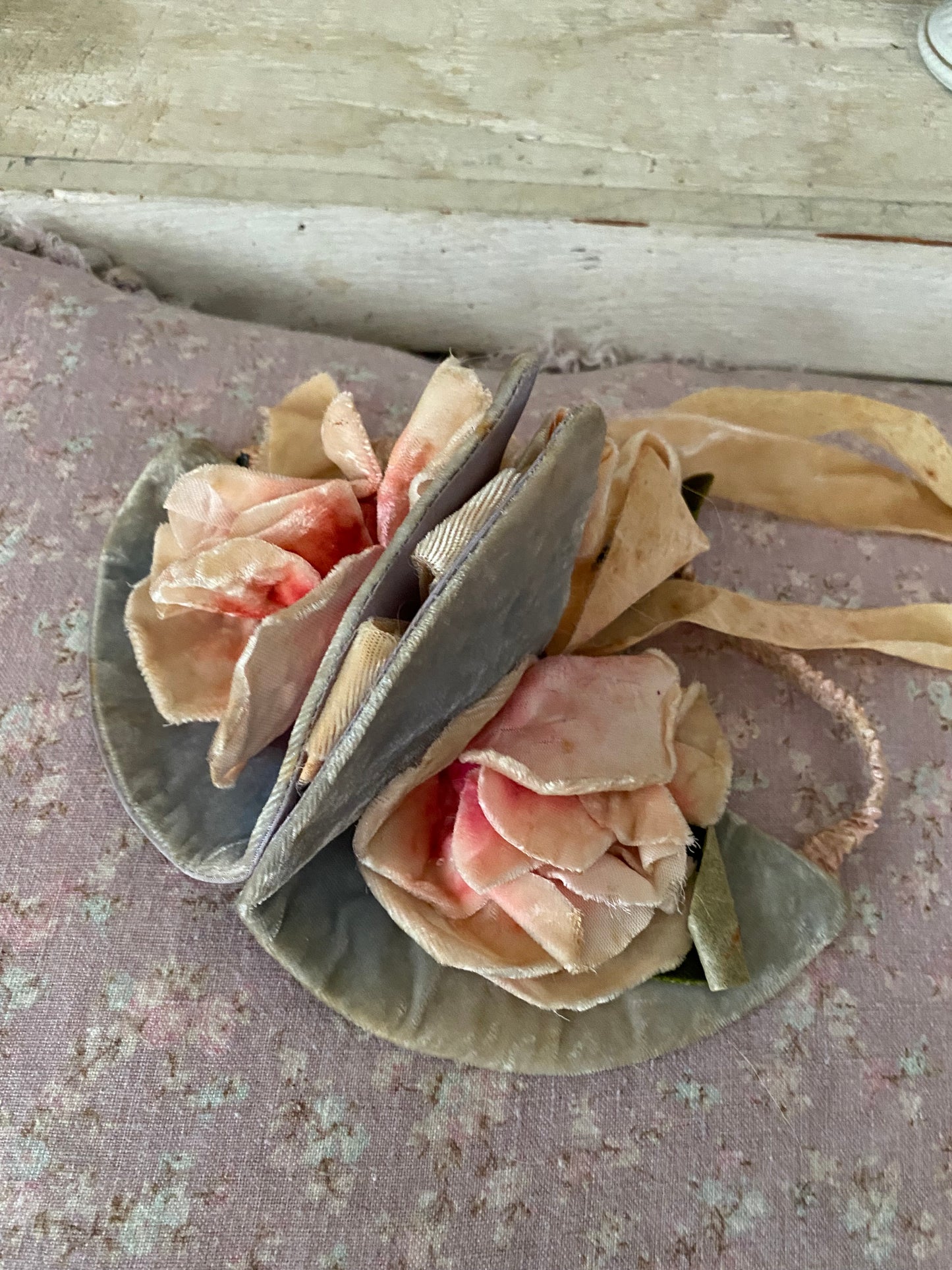Antique Velvet Pink Millinery Rose Ribbon Costume Headpiece