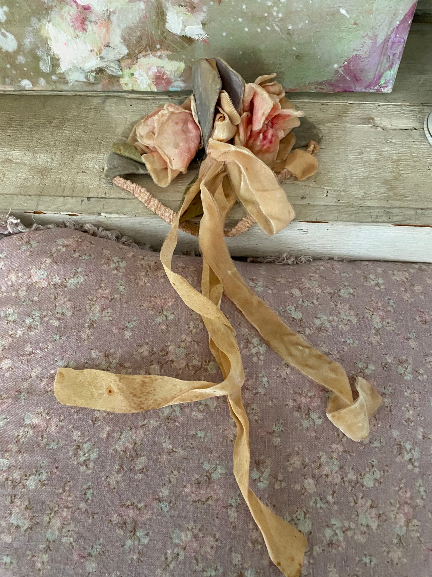 Antique Velvet Pink Millinery Rose Ribbon Costume Headpiece