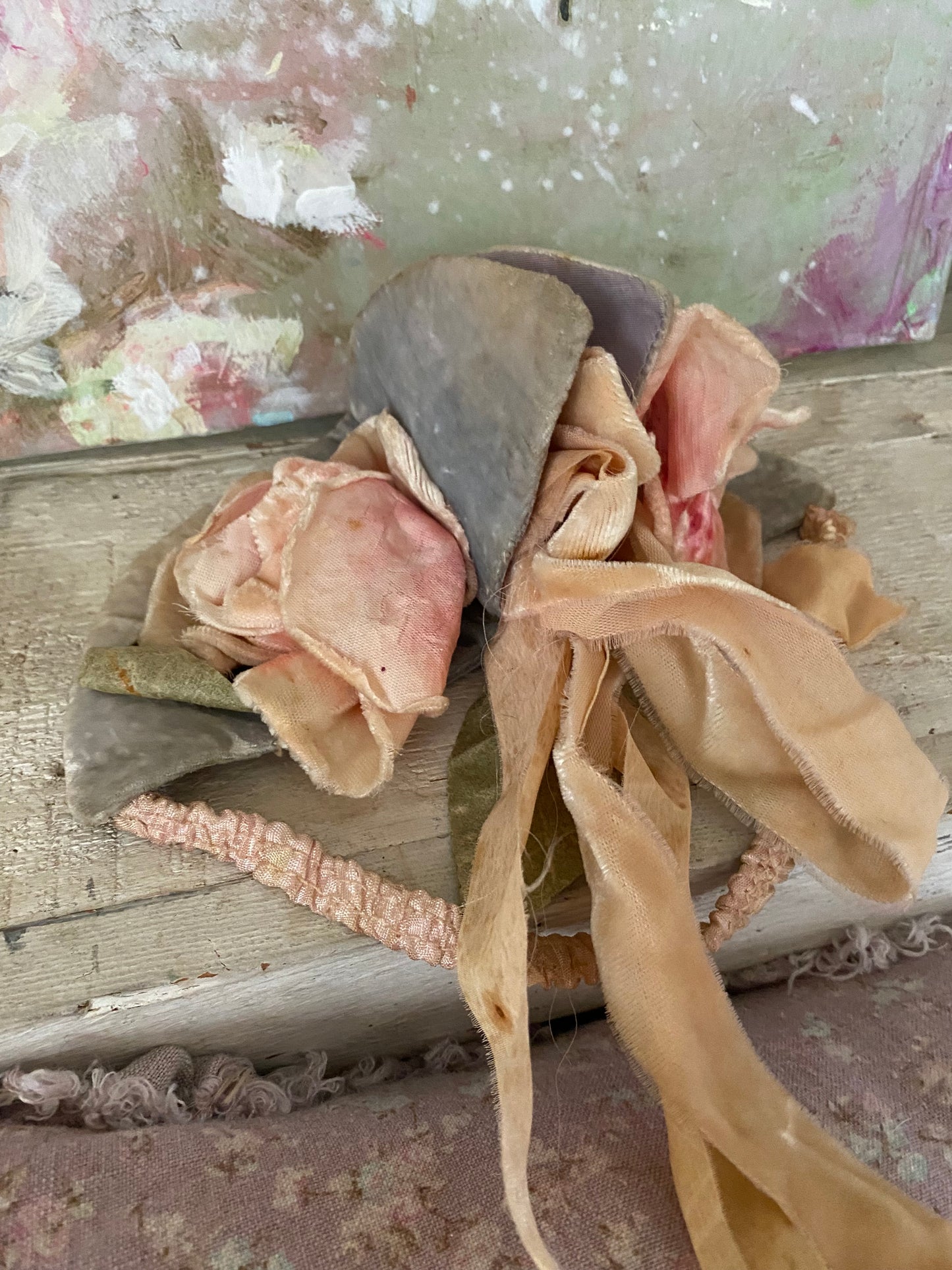 Antique Velvet Pink Millinery Rose Ribbon Costume Headpiece