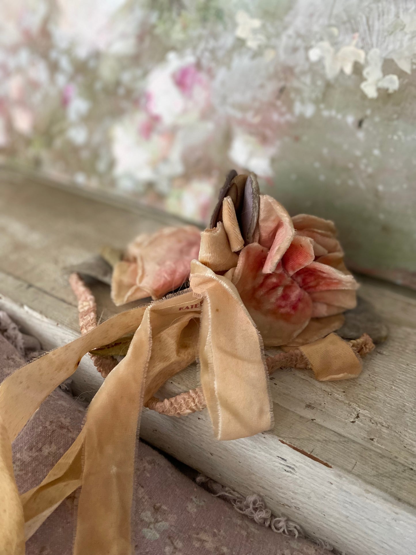 Antique Velvet Pink Millinery Rose Ribbon Costume Headpiece
