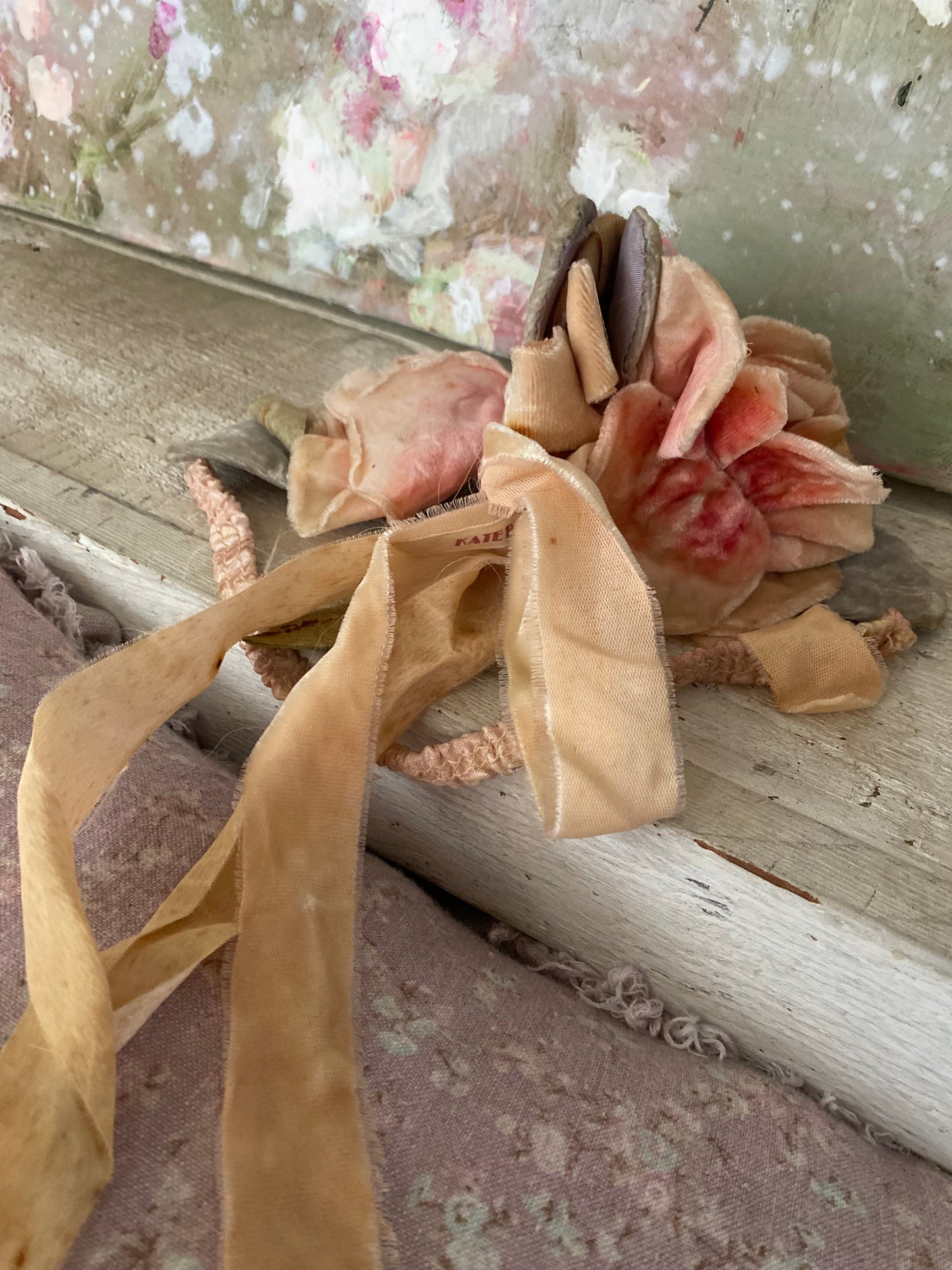 Antique Velvet Pink Millinery Rose Ribbon Costume Headpiece