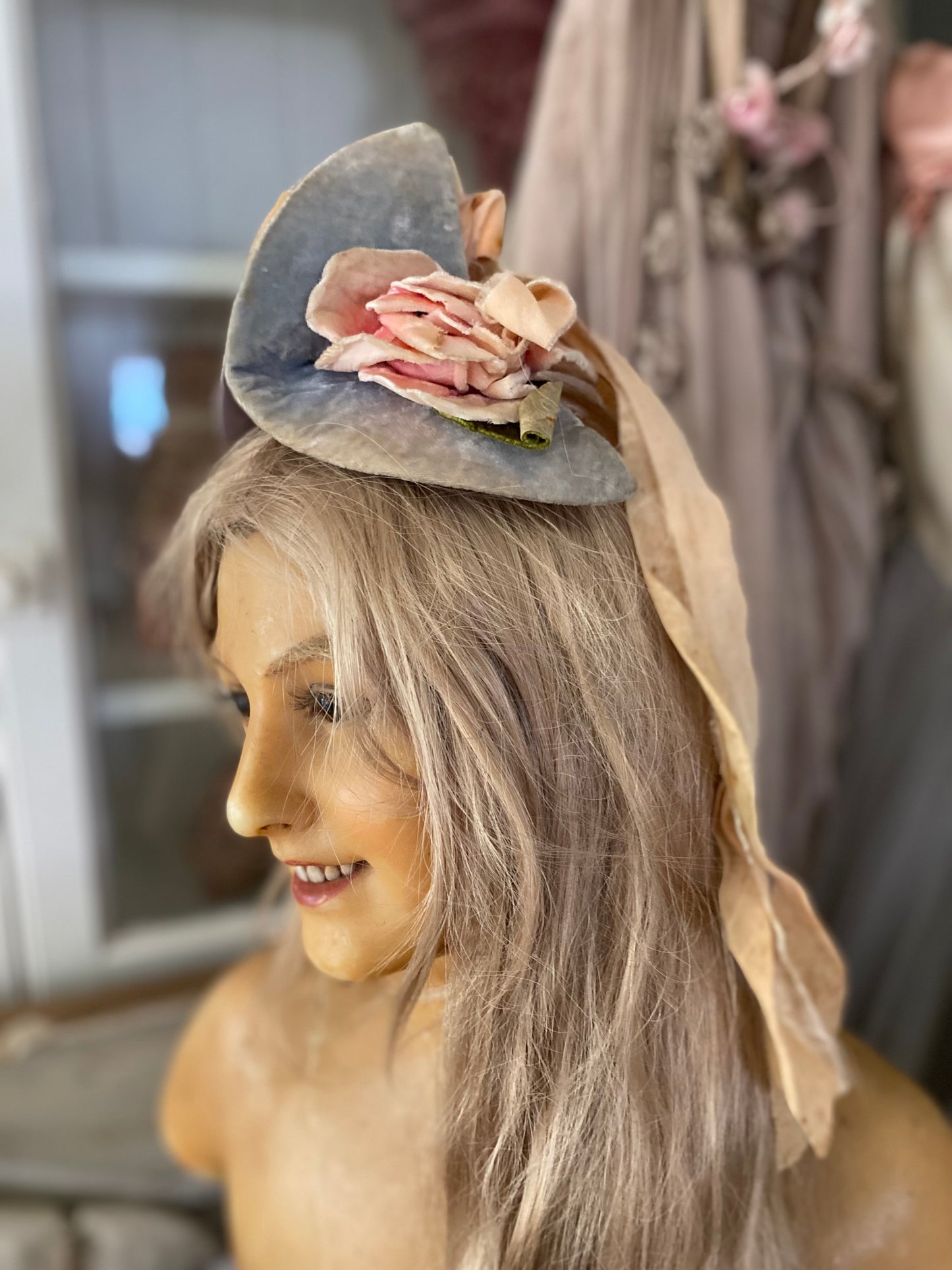 Antique Velvet Pink Millinery Rose Ribbon Costume Headpiece