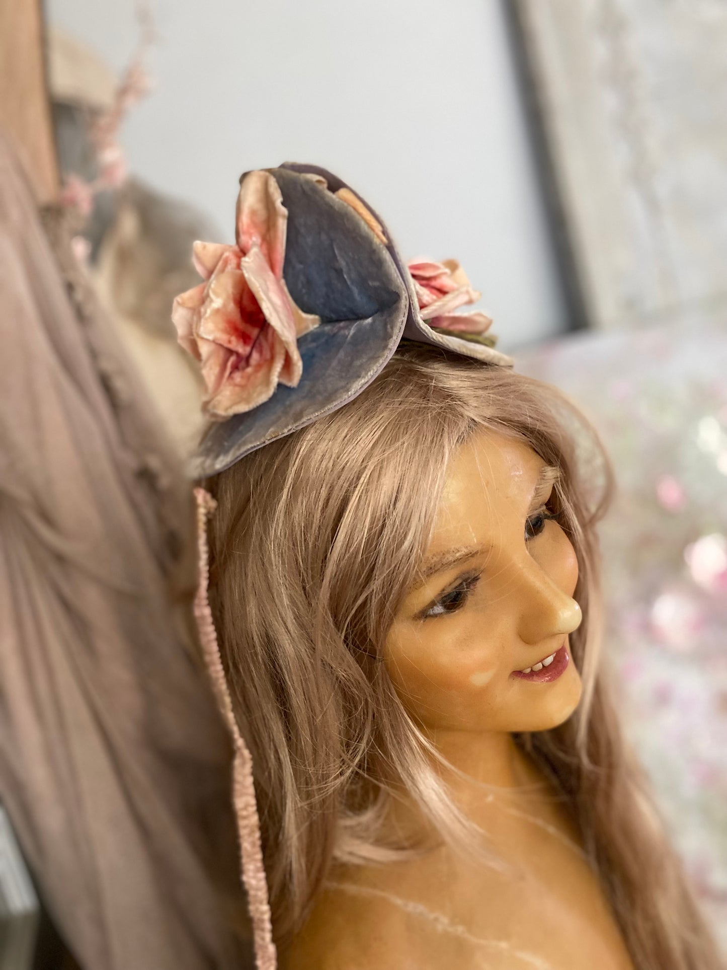 Antique Velvet Pink Millinery Rose Ribbon Costume Headpiece