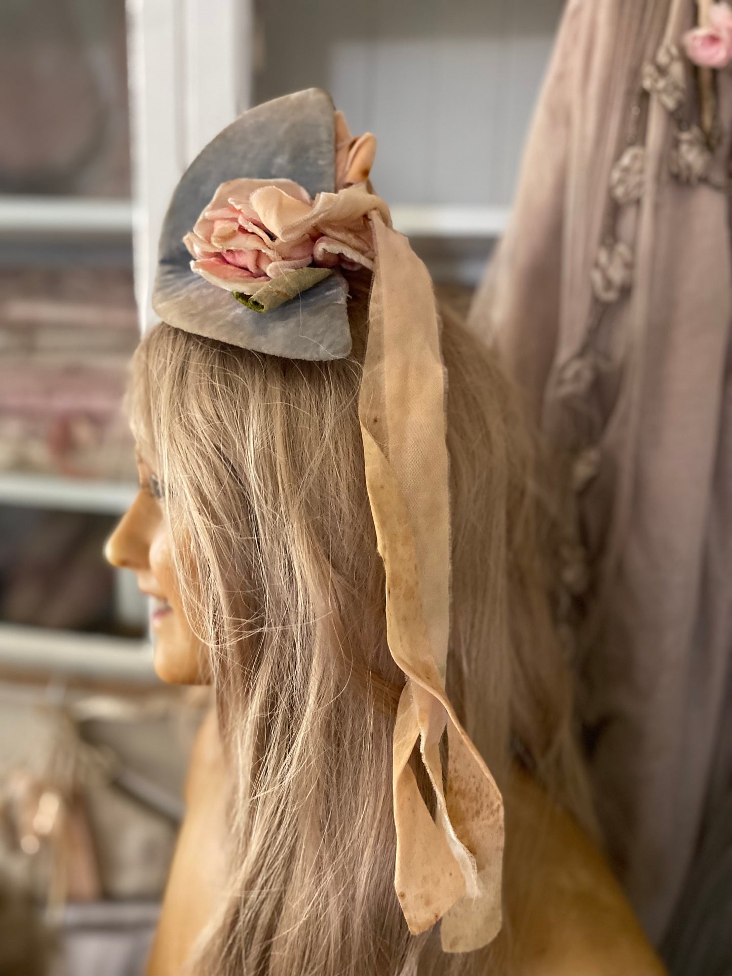 Antique Velvet Pink Millinery Rose Ribbon Costume Headpiece