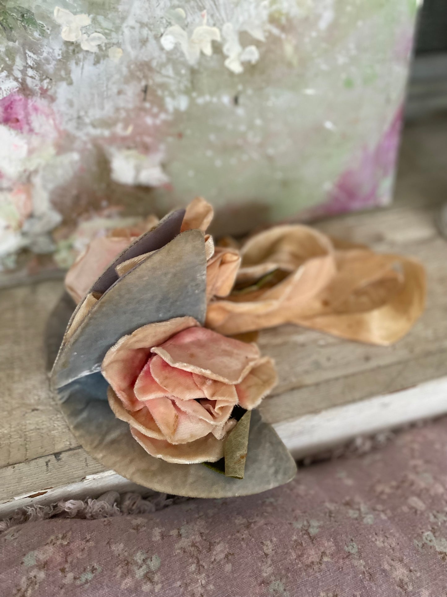 Antique Velvet Pink Millinery Rose Ribbon Costume Headpiece