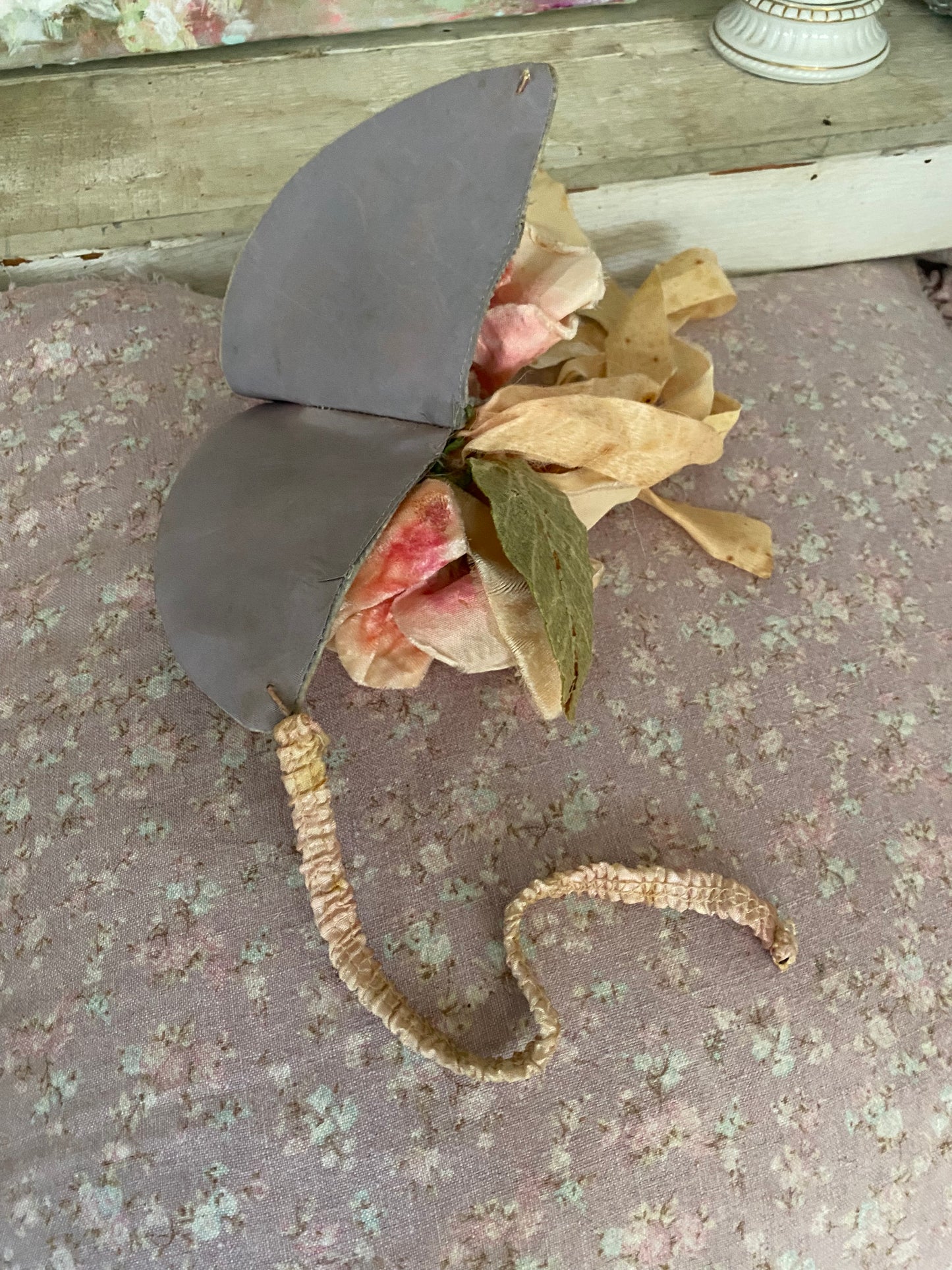 Antique Velvet Pink Millinery Rose Ribbon Costume Headpiece