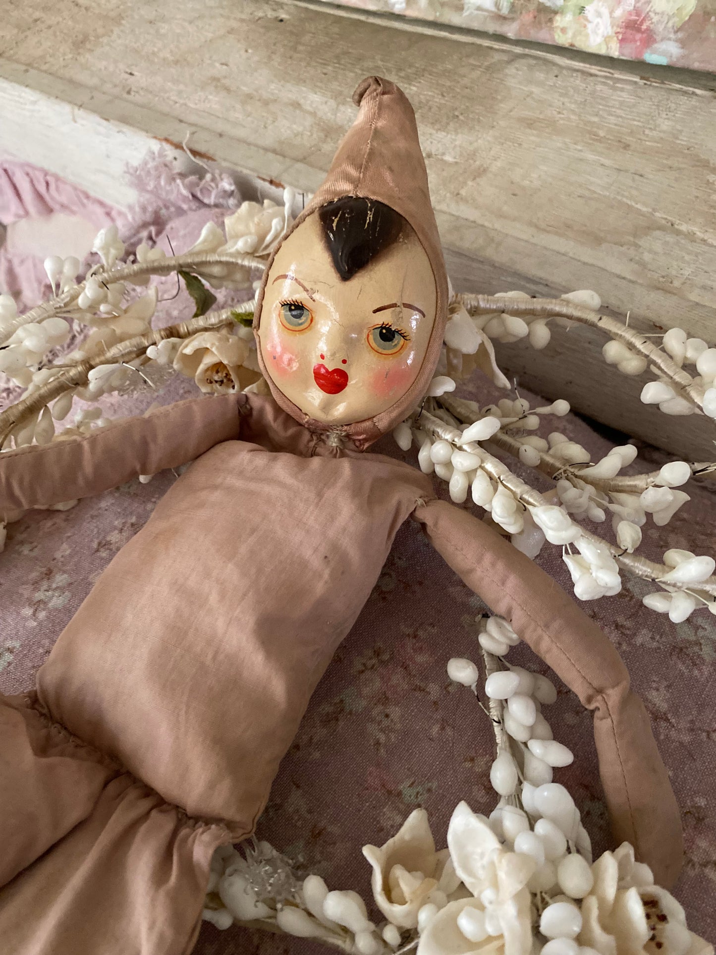 Antique Timeworn Pink Pierrot Hat Doll