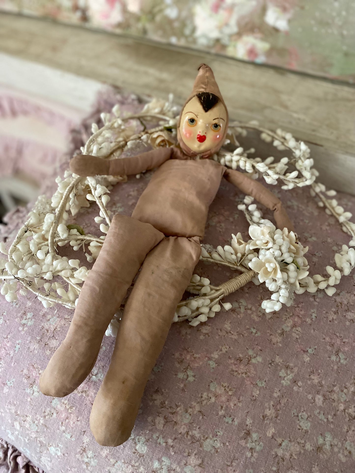 Antique Timeworn Pink Pierrot Hat Doll