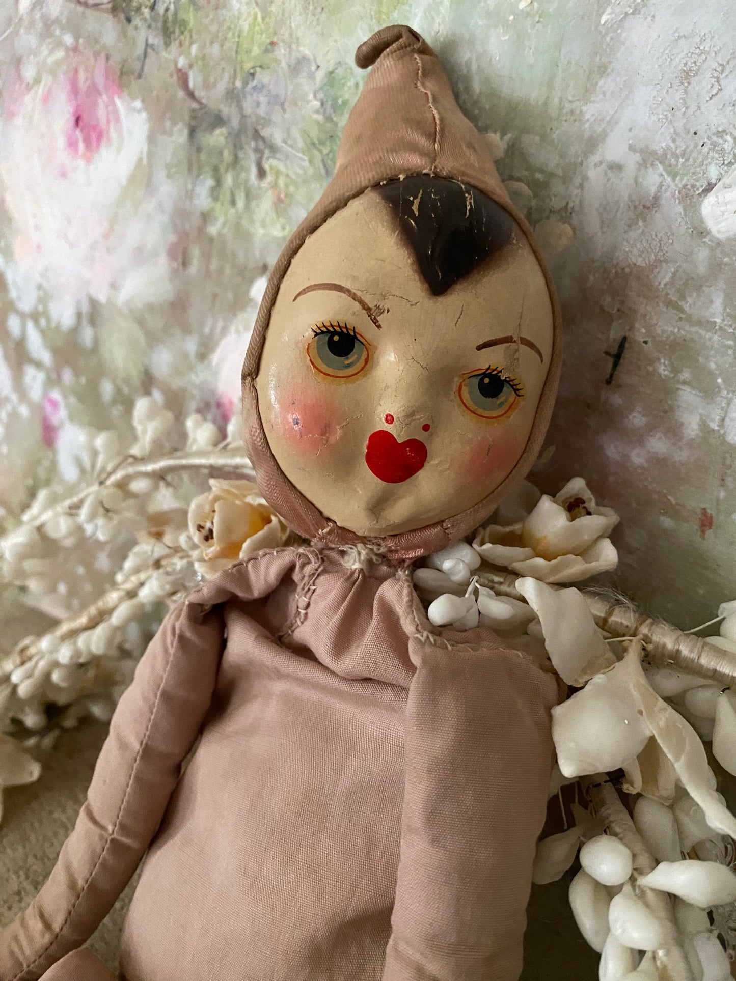 Antique Timeworn Pink Pierrot Hat Doll