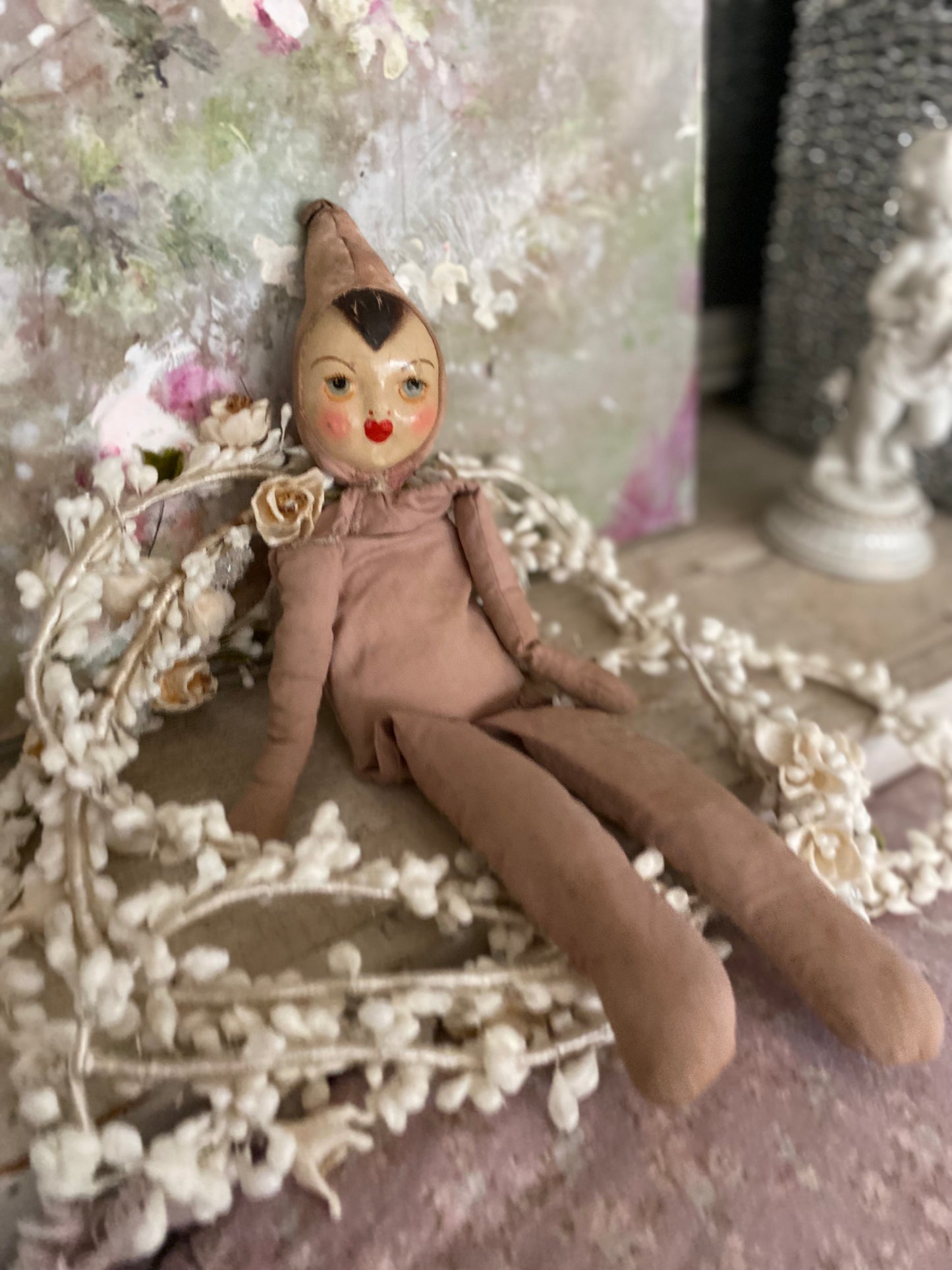 Antique Timeworn Pink Pierrot Hat Doll