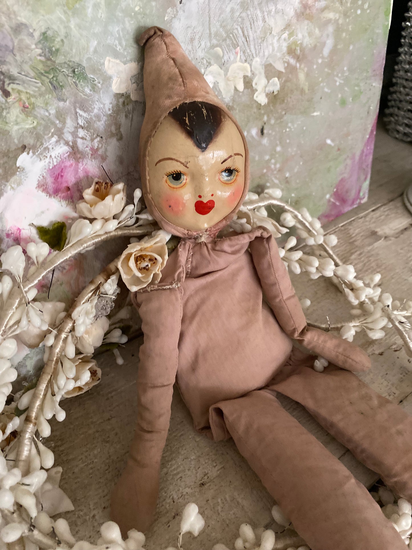 Antique Timeworn Pink Pierrot Hat Doll
