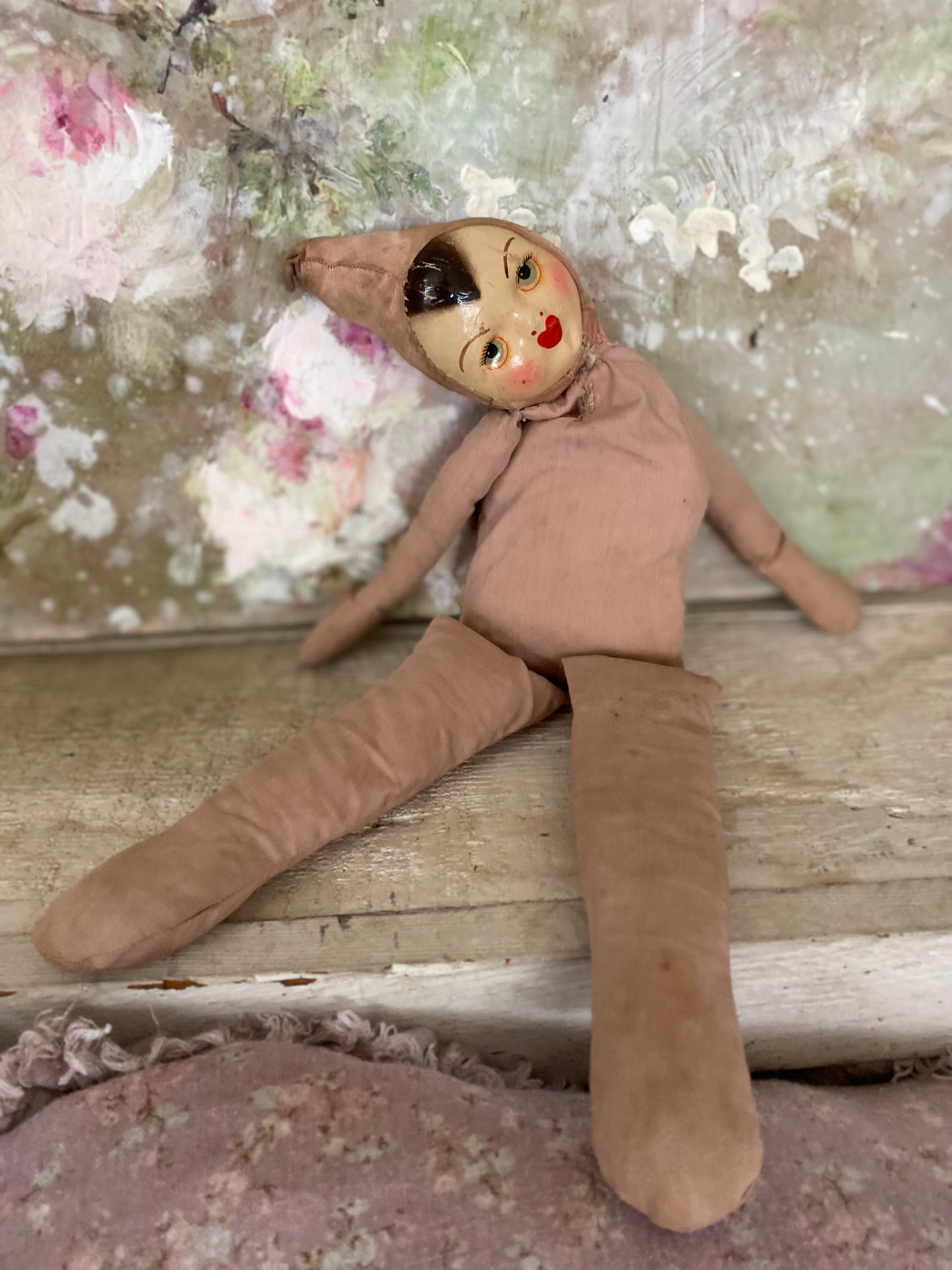 Antique Timeworn Pink Pierrot Hat Doll
