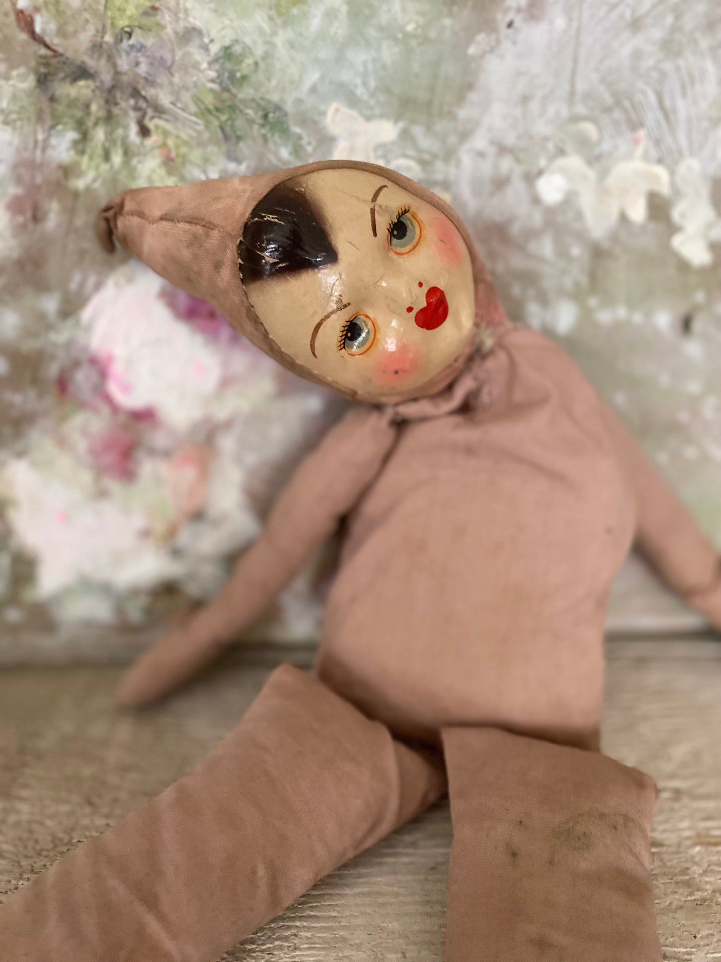 Antique Timeworn Pink Pierrot Hat Doll