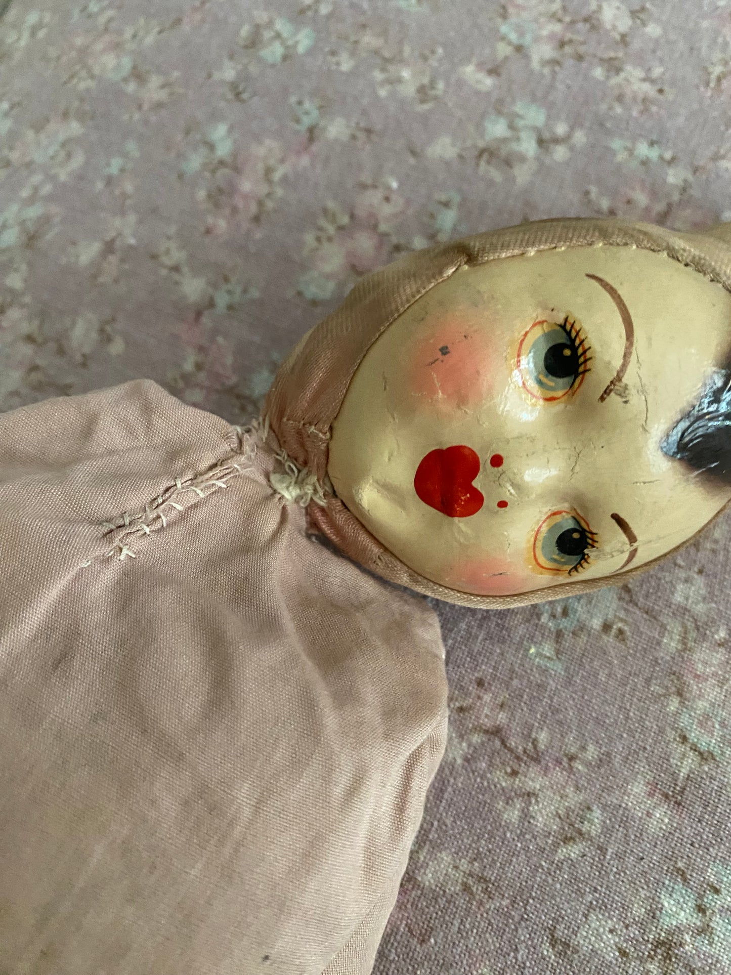 Antique Timeworn Pink Pierrot Hat Doll