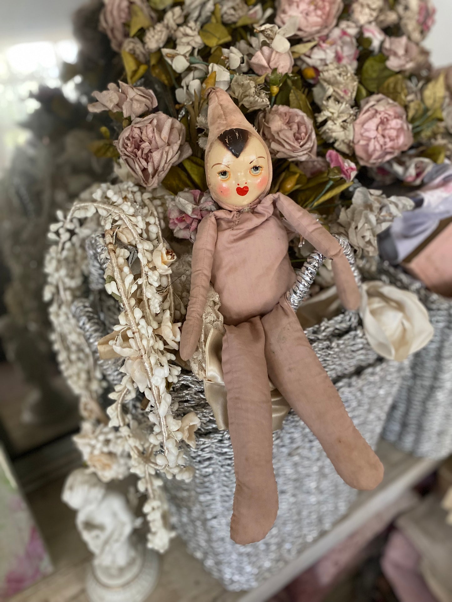 Antique Timeworn Pink Pierrot Hat Doll
