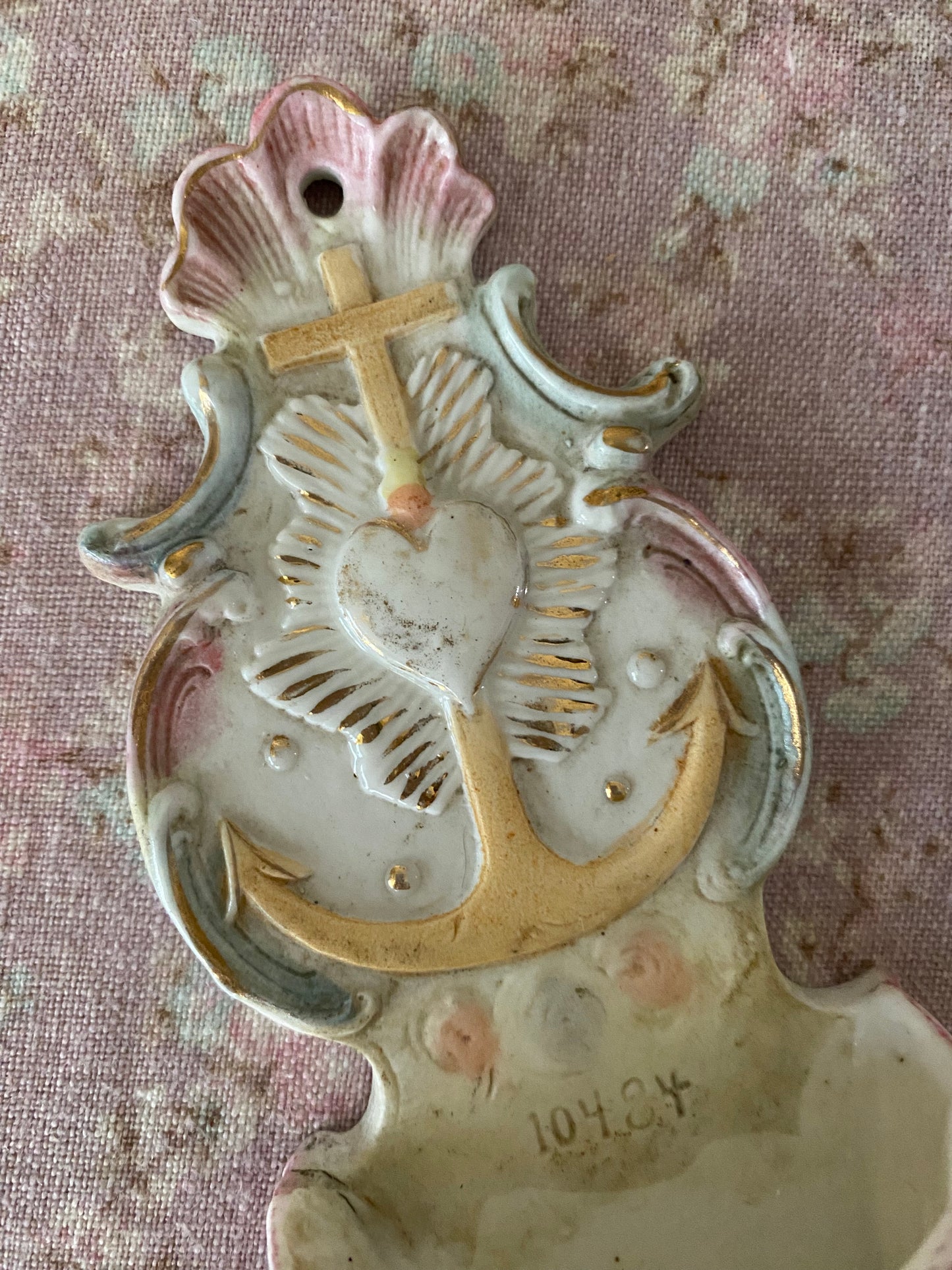 Antique French Painted Porcelain Holy Water Hanger