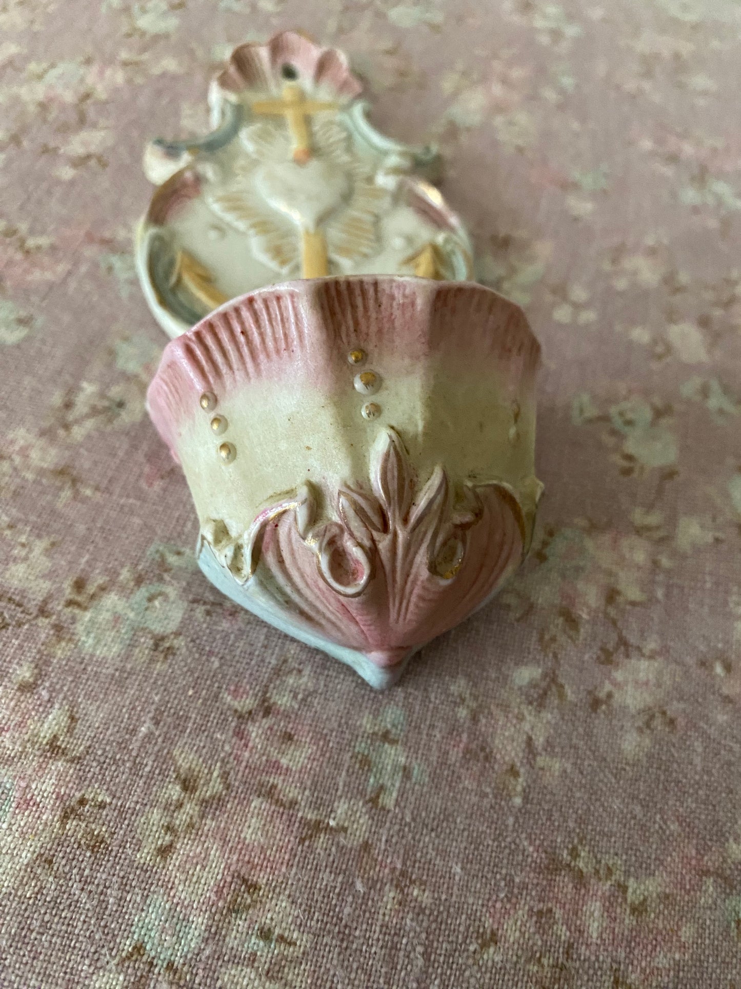 Antique French Painted Porcelain Holy Water Hanger