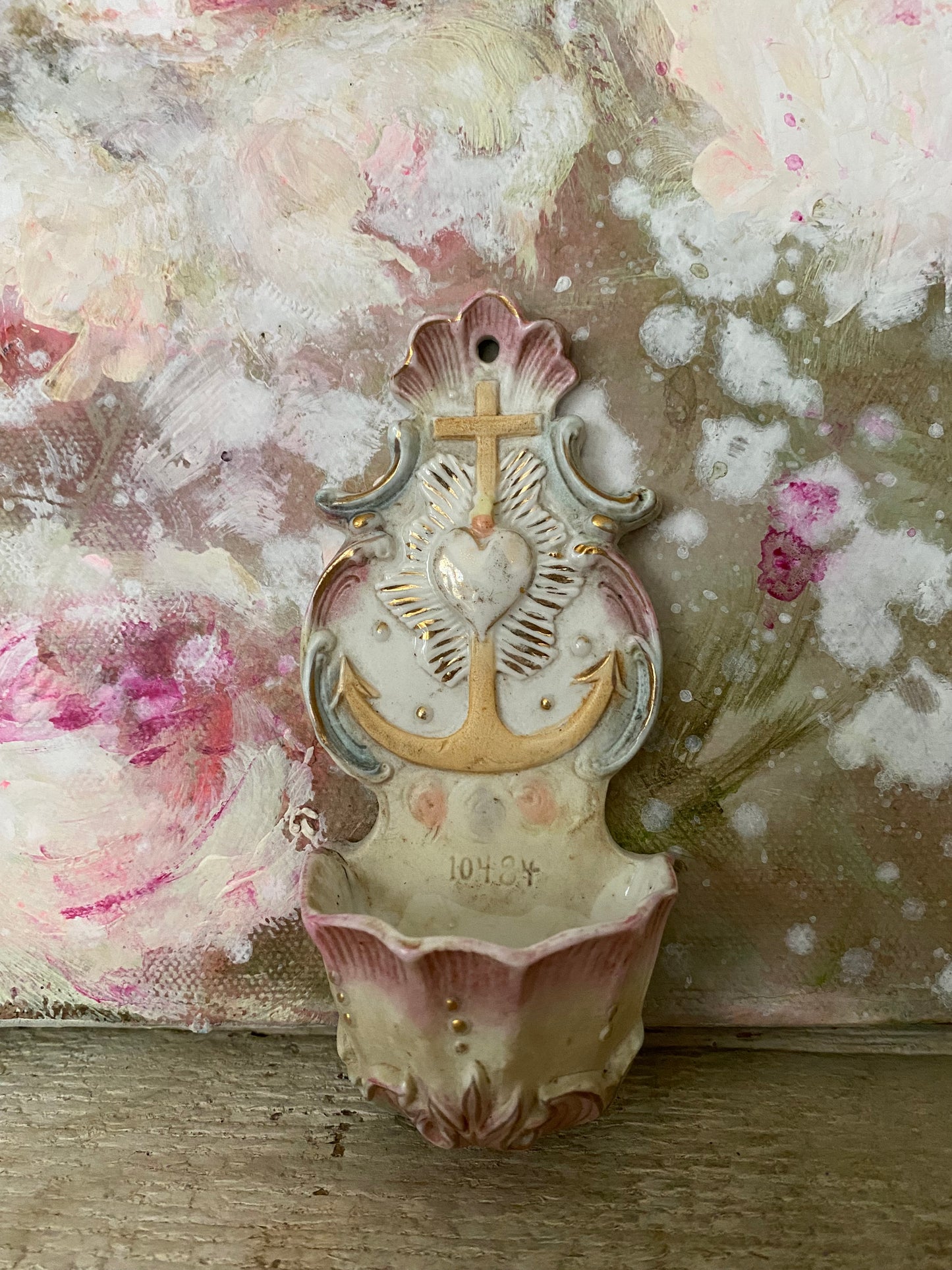 Antique French Painted Porcelain Holy Water Hanger