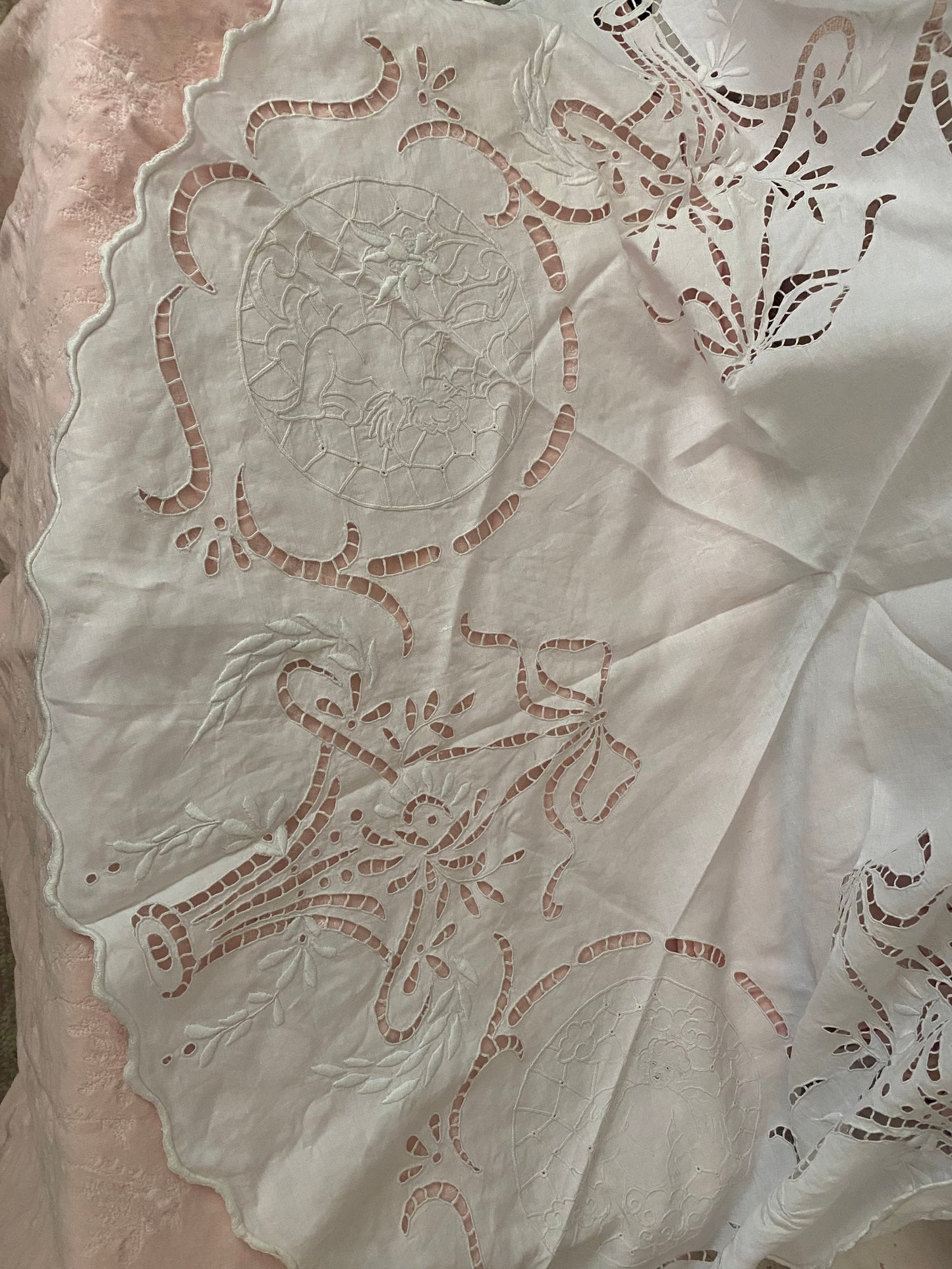 Antique Linen Lace Cherub Flower Basket Bows Tablecloth