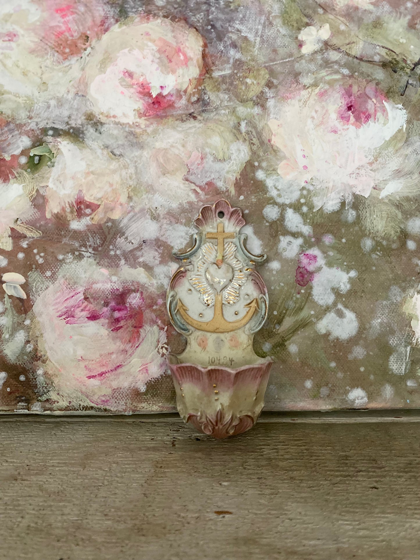 Antique French Painted Porcelain Holy Water Hanger