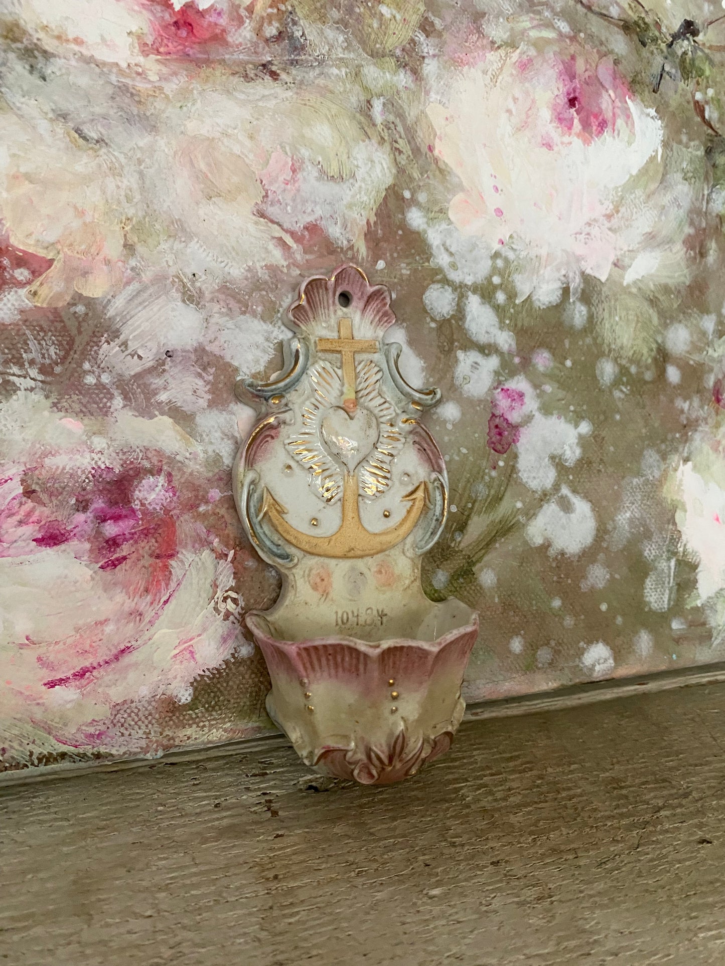 Antique French Painted Porcelain Holy Water Hanger