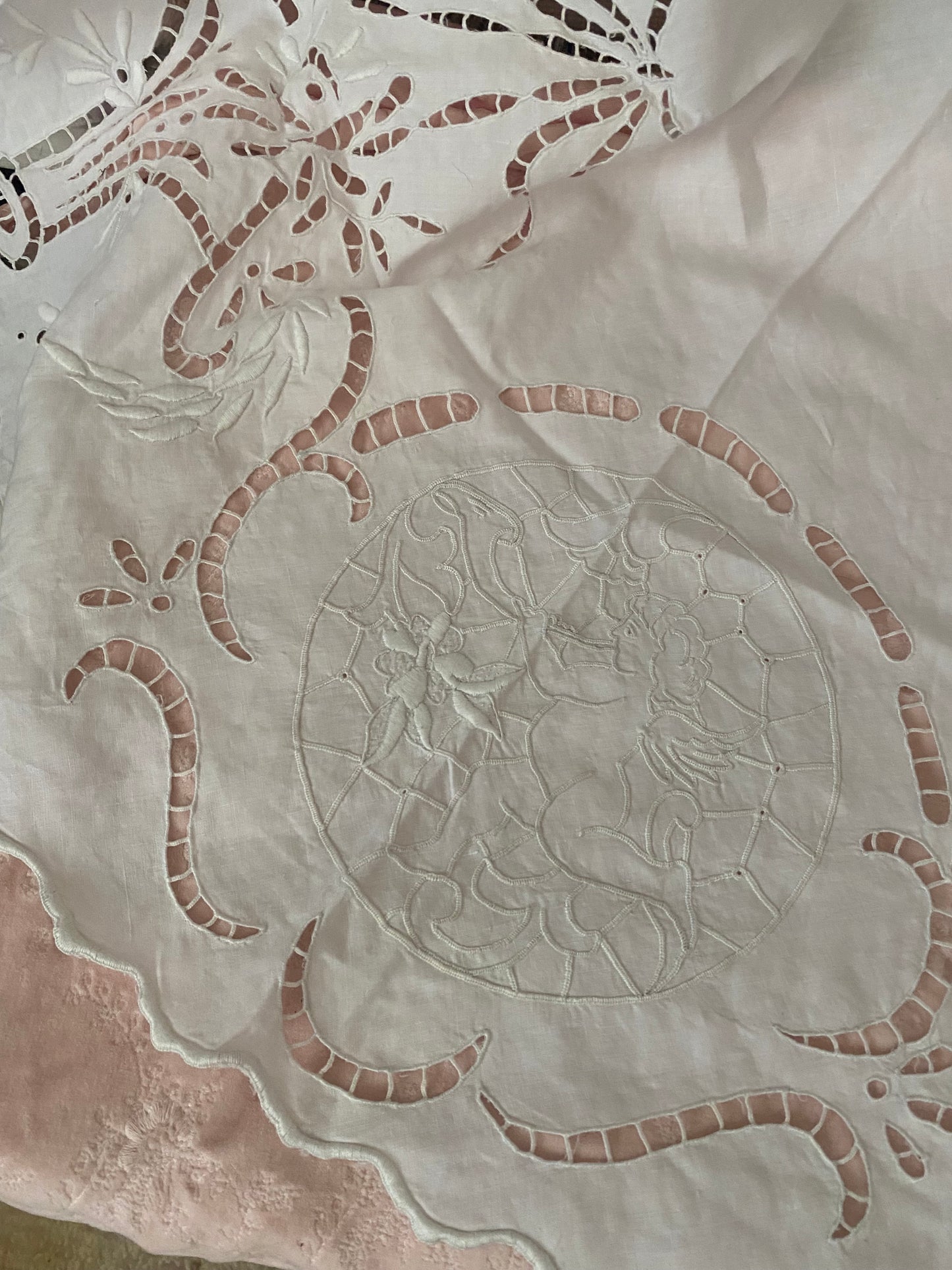 Antique Linen Lace Cherub Flower Basket Bows Tablecloth