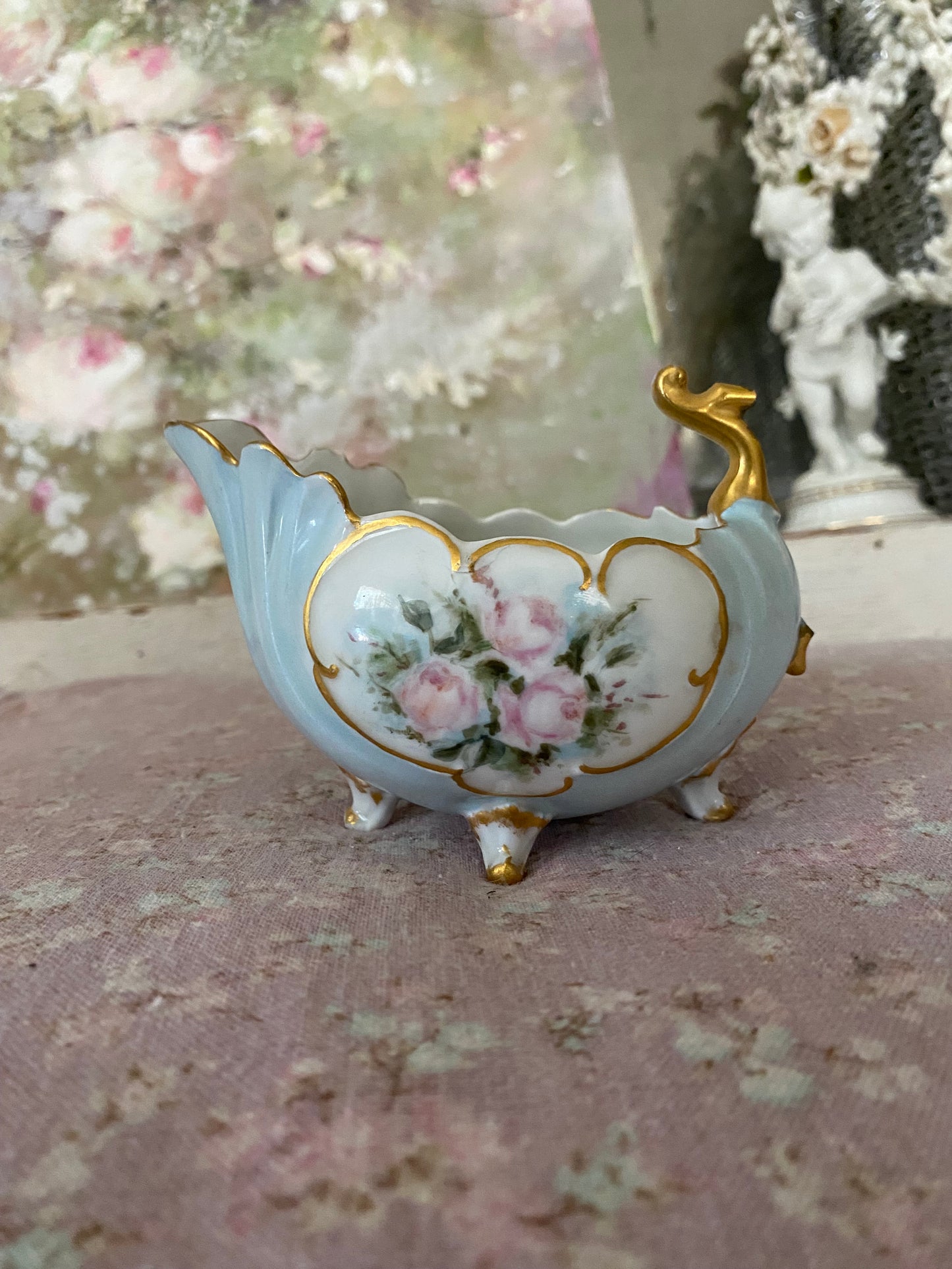 Antique Painted Rose Porcelain Boat