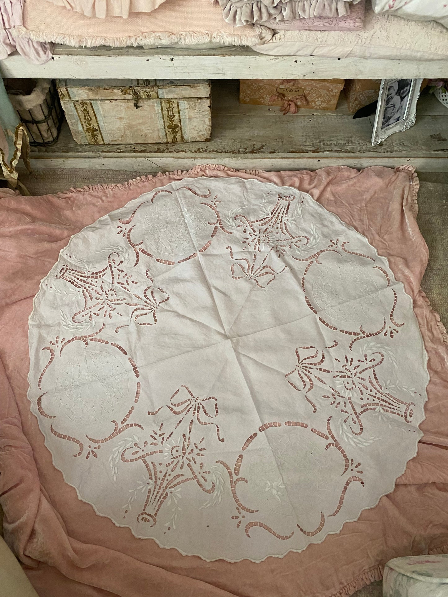 Antique Linen Lace Cherub Flower Basket Bows Tablecloth