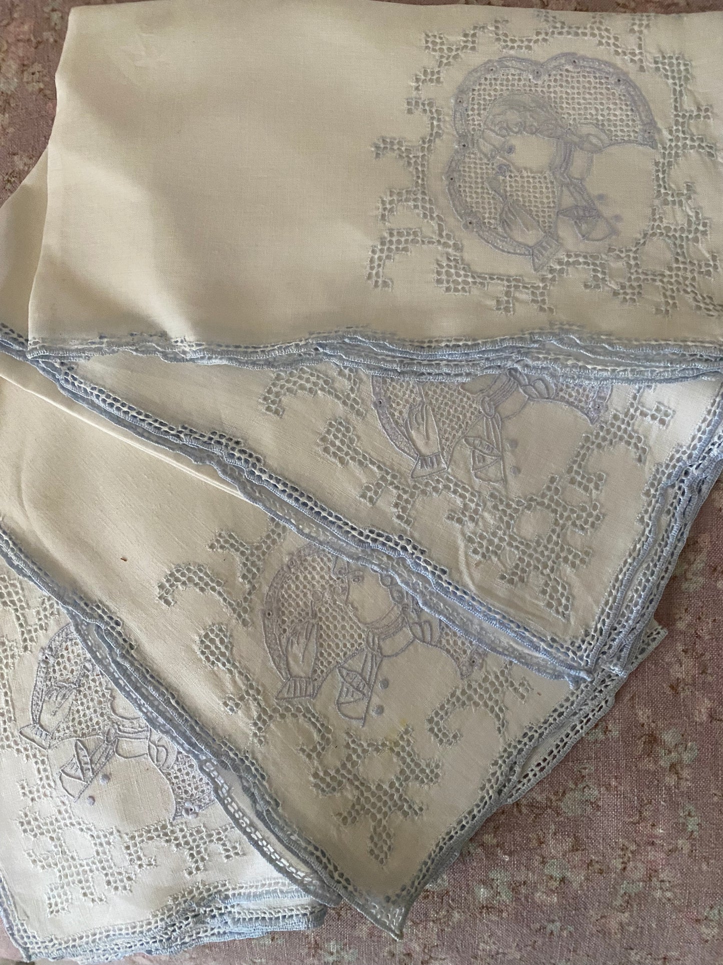 Antique Linen Blue Figural Lace Napkins