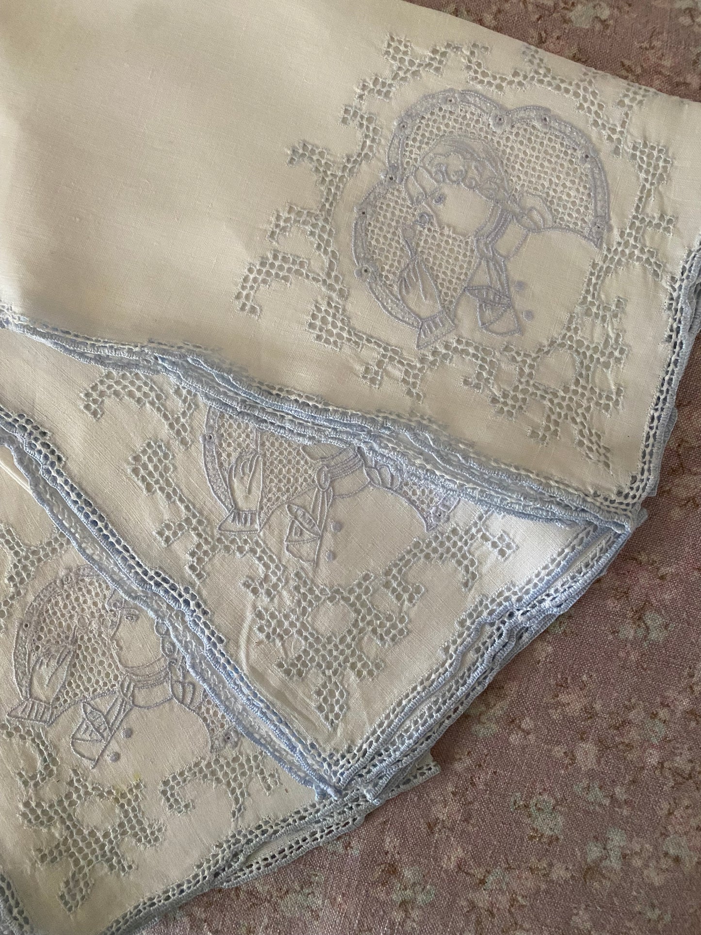 Antique Linen Blue Figural Lace Napkins