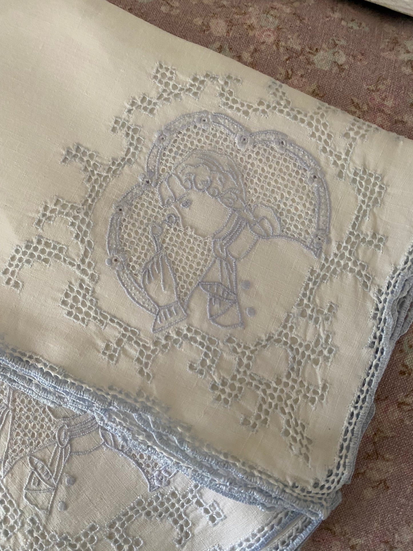 Antique Linen Blue Figural Lace Napkins