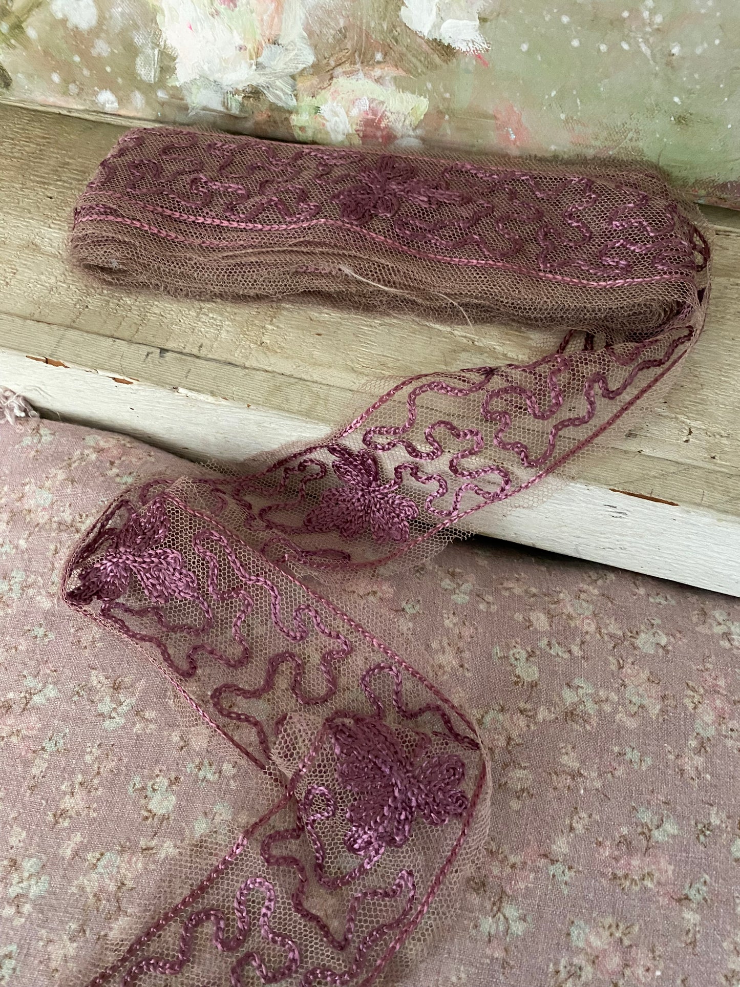 Antique Purple Mauve Silk Embroidered Tulle Lace Trim