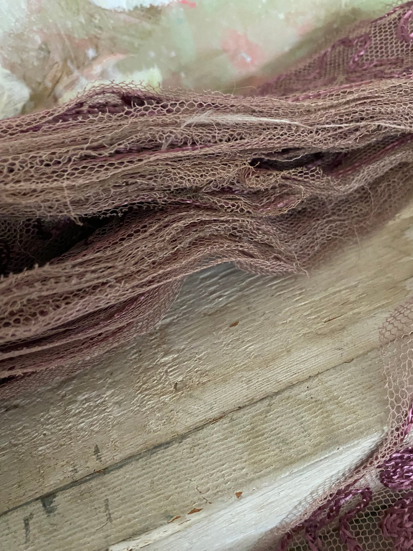 Antique Purple Mauve Silk Embroidered Tulle Lace Trim