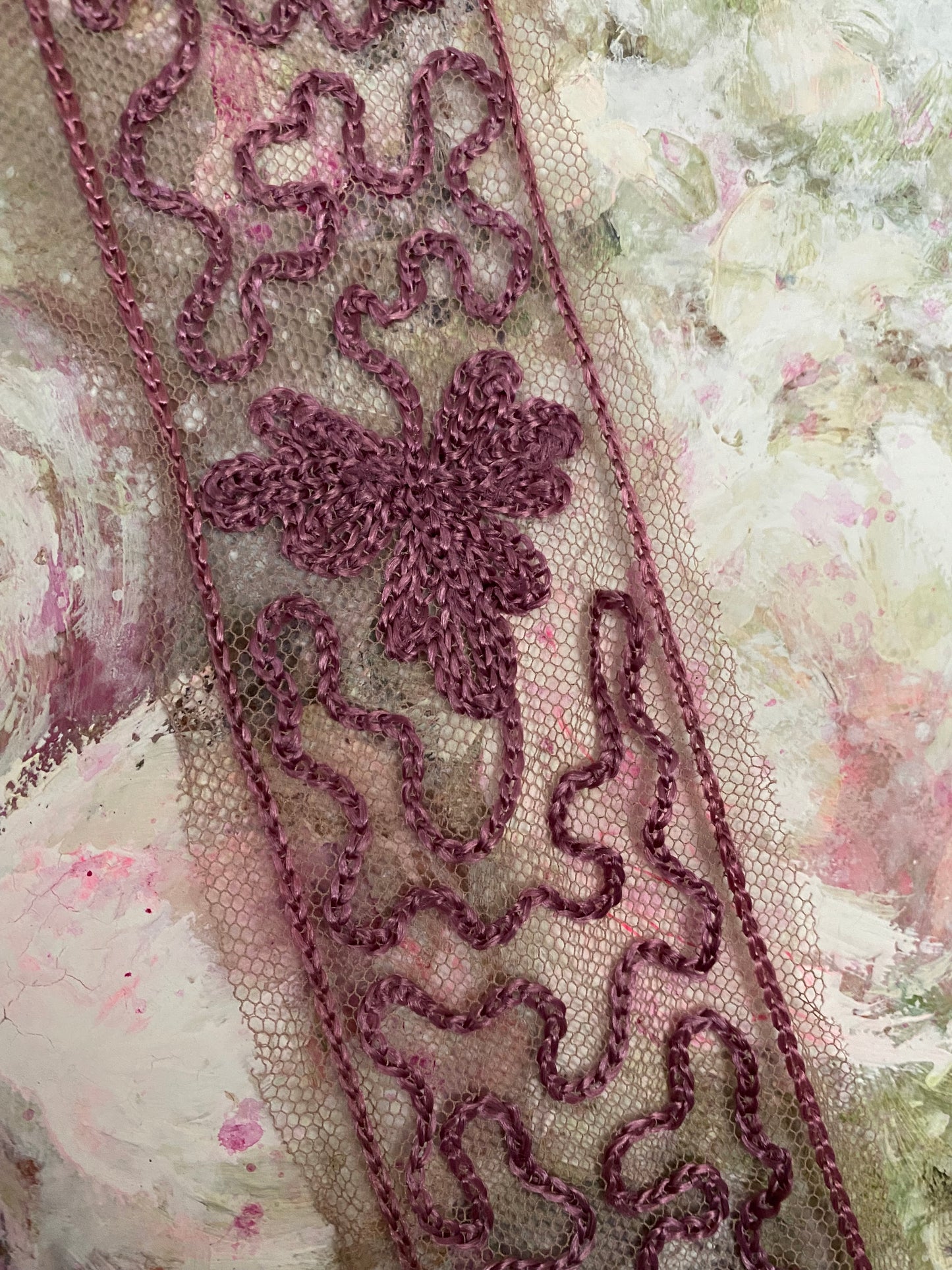 Antique Purple Mauve Silk Embroidered Tulle Lace Trim