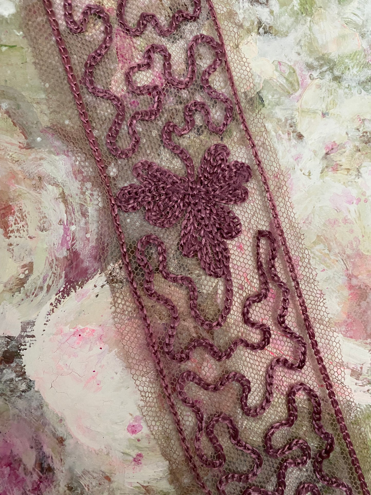 Antique Purple Mauve Silk Embroidered Tulle Lace Trim